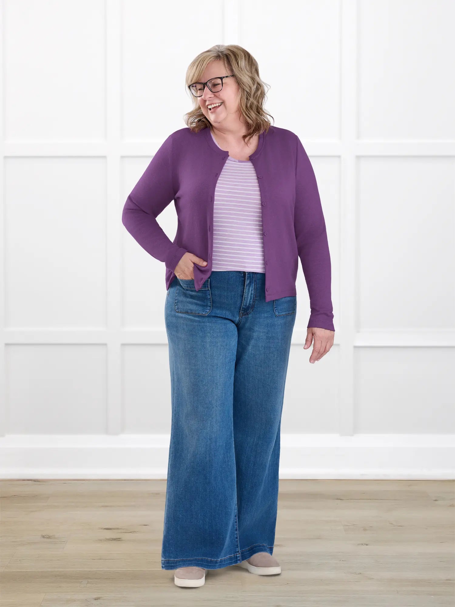 Maribel crewneck sweater knit cardigan for women in Lupin on model Deb, size XL @Deb-XL