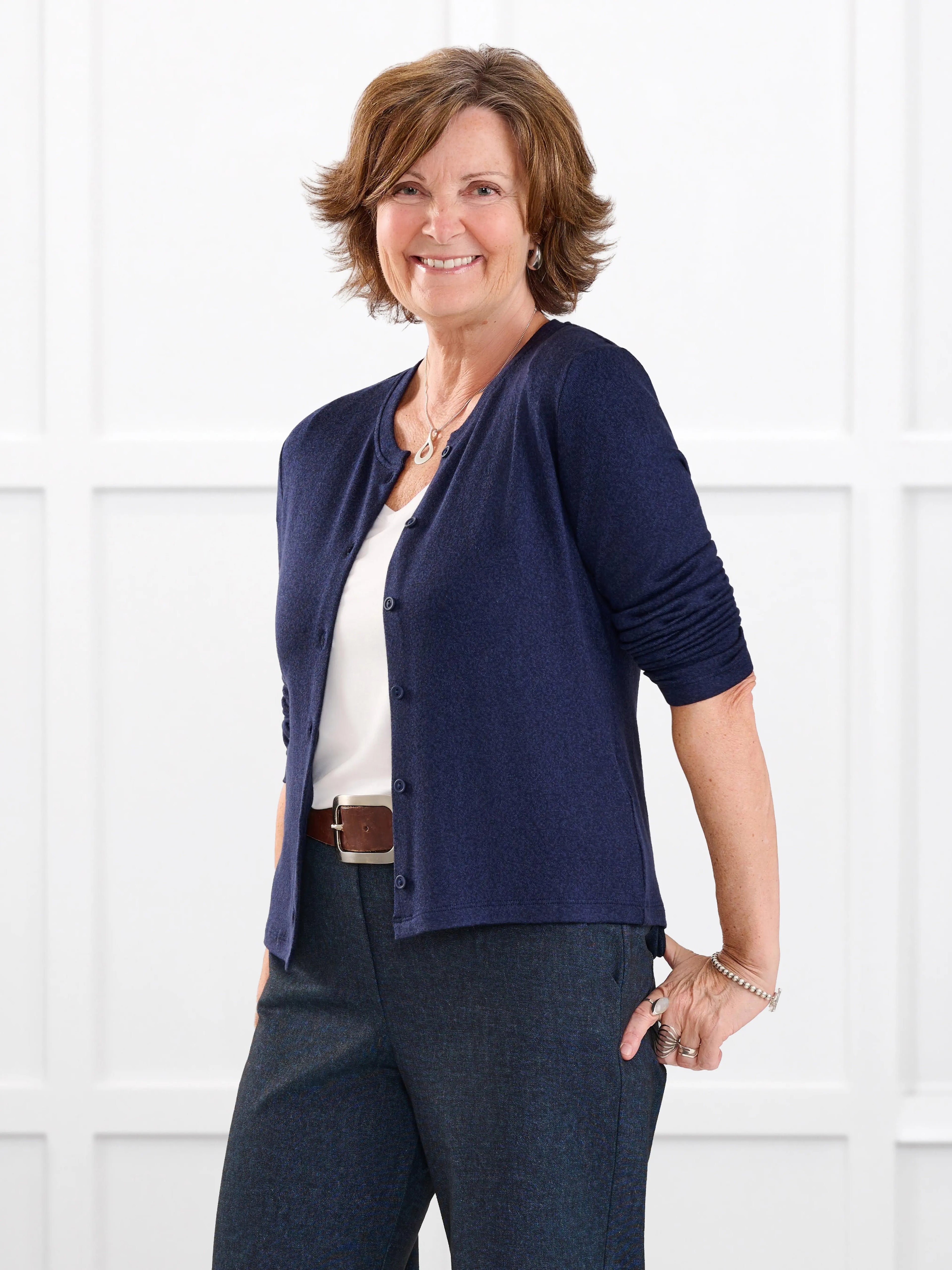 Maribel crewneck sweater knit cardigan for women in Midnight blue on model Donna, size S @Donna-S