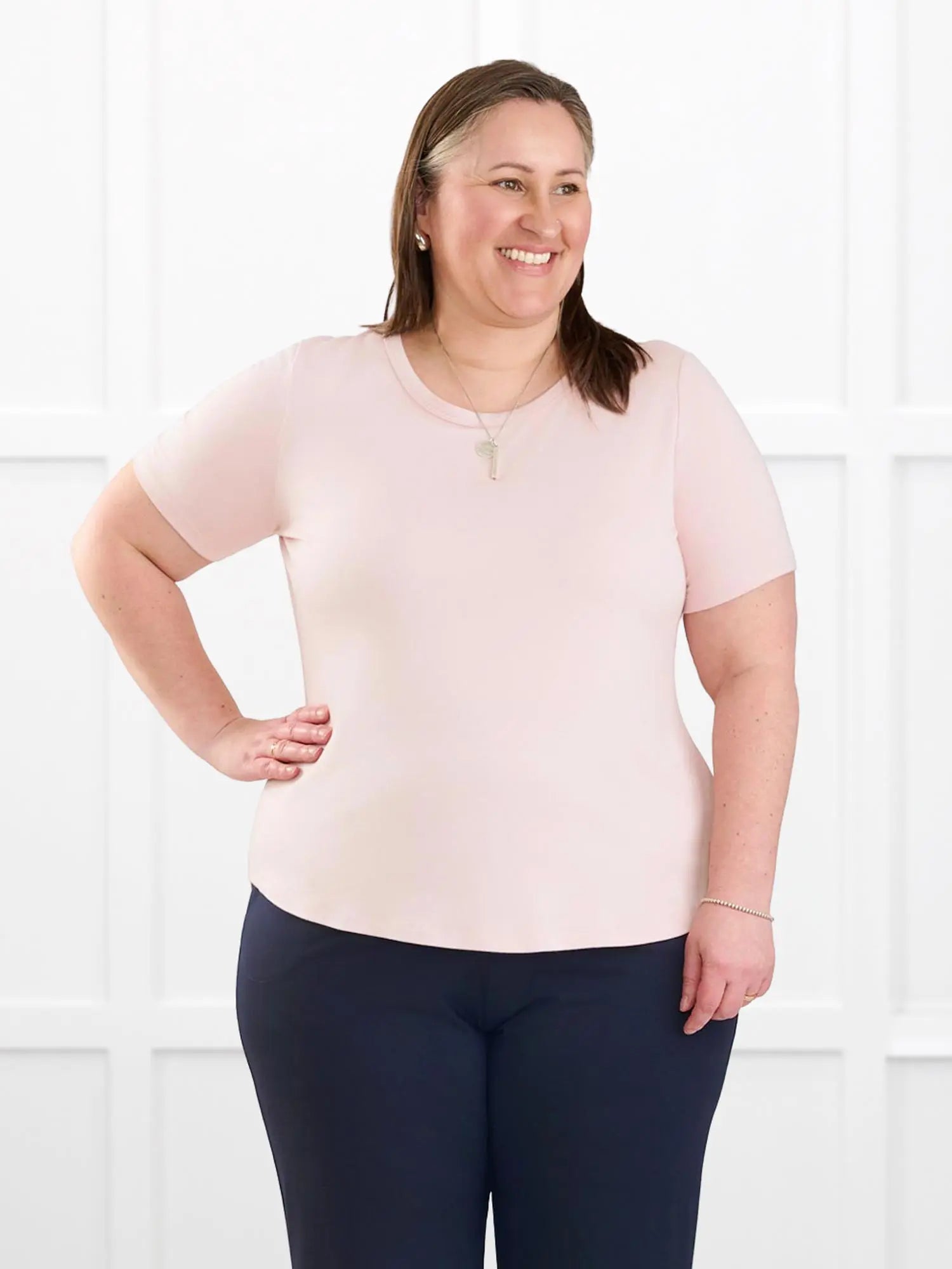 Marissa half sleeve crewneck tee for women in Ballet pink on model Cristina, size XXL Regular @Cristina-XXL-regular