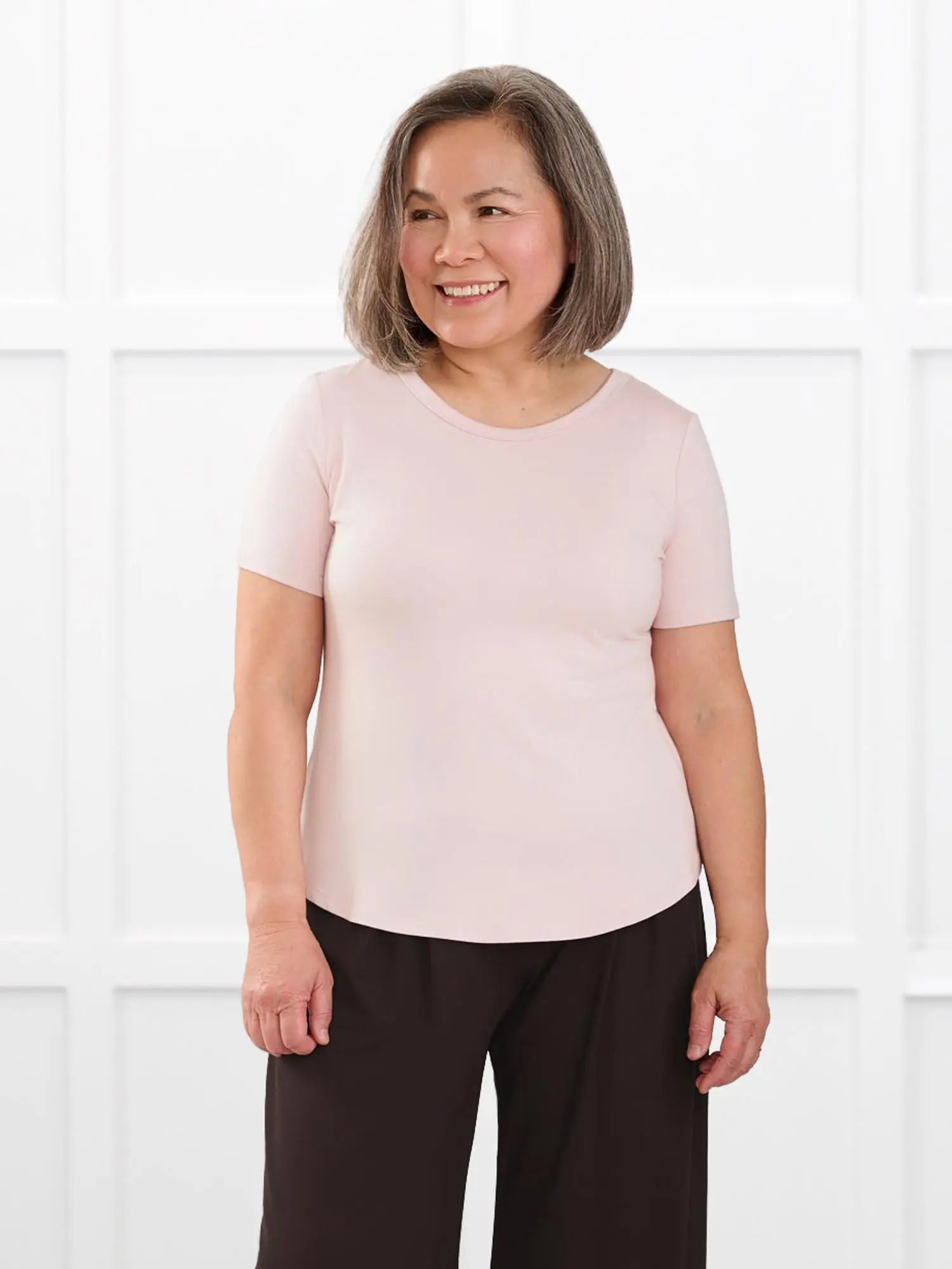 Marissa half sleeve crewneck tee for women in Ballet pink on model Terry, size S Petite @Terry-S-petite