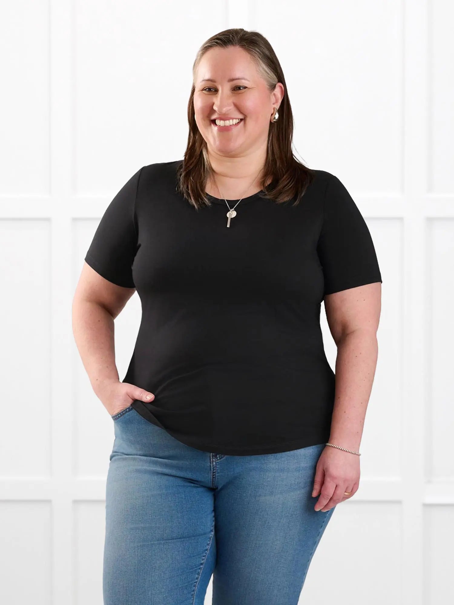 Marissa half sleeve crewneck tee for women in Black on model Cristina, size XXL Regular @Cristina-XXL-regular
