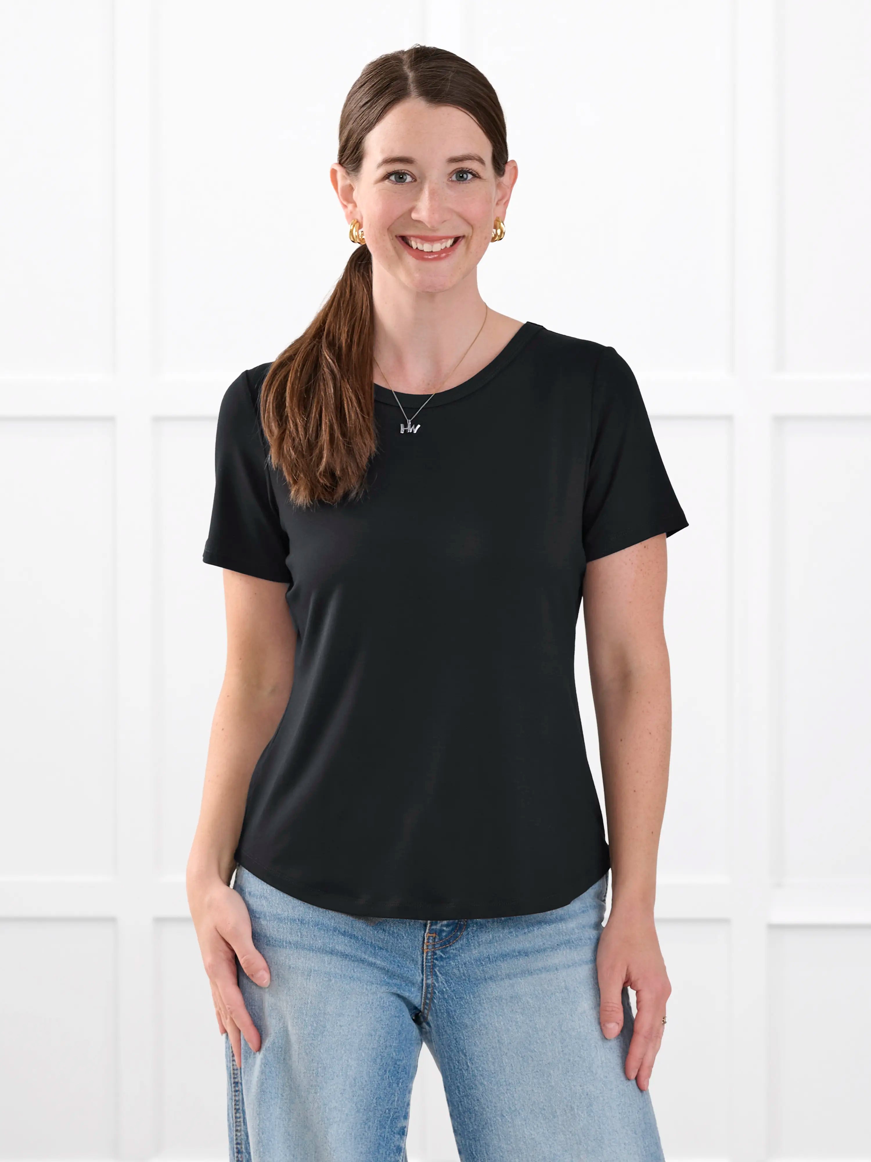 Marissa half sleeve crewneck tee for women in Black on model Jo, size XS Regular @Jo-XS-regular