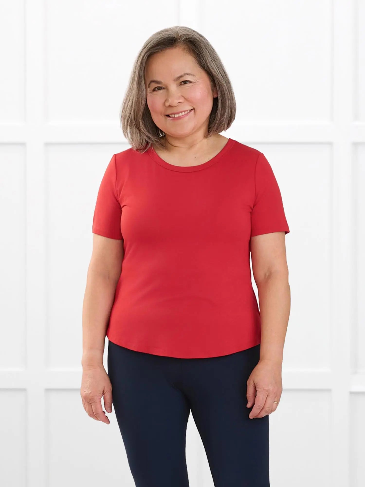 Marissa half sleeve crewneck tee for women in Chili on model Terry, size S Petite @Terry-S-petite