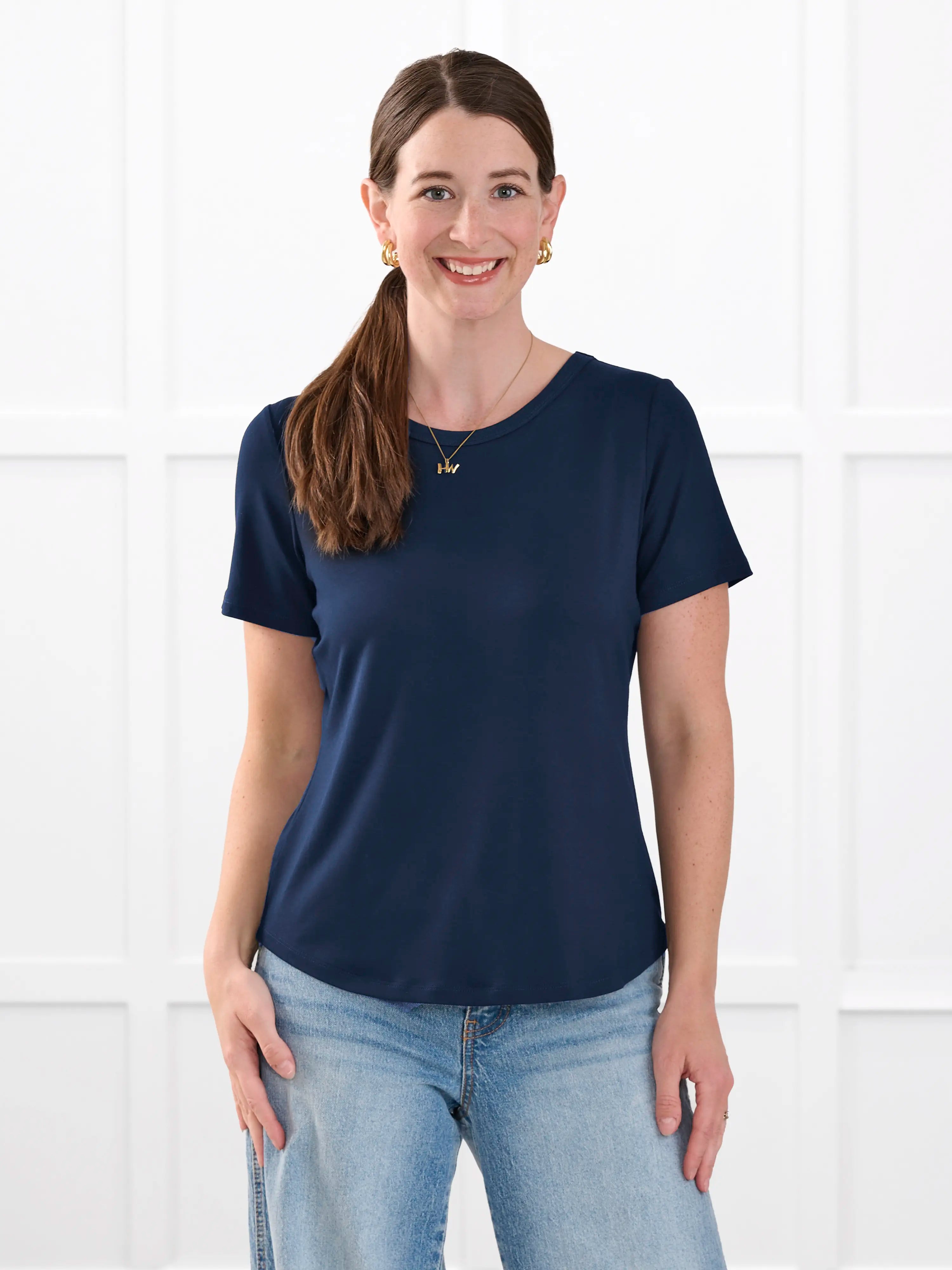 Marissa half sleeve crewneck tee for women in Navy on model Jo, size XS Regular @Jo-XS-regular