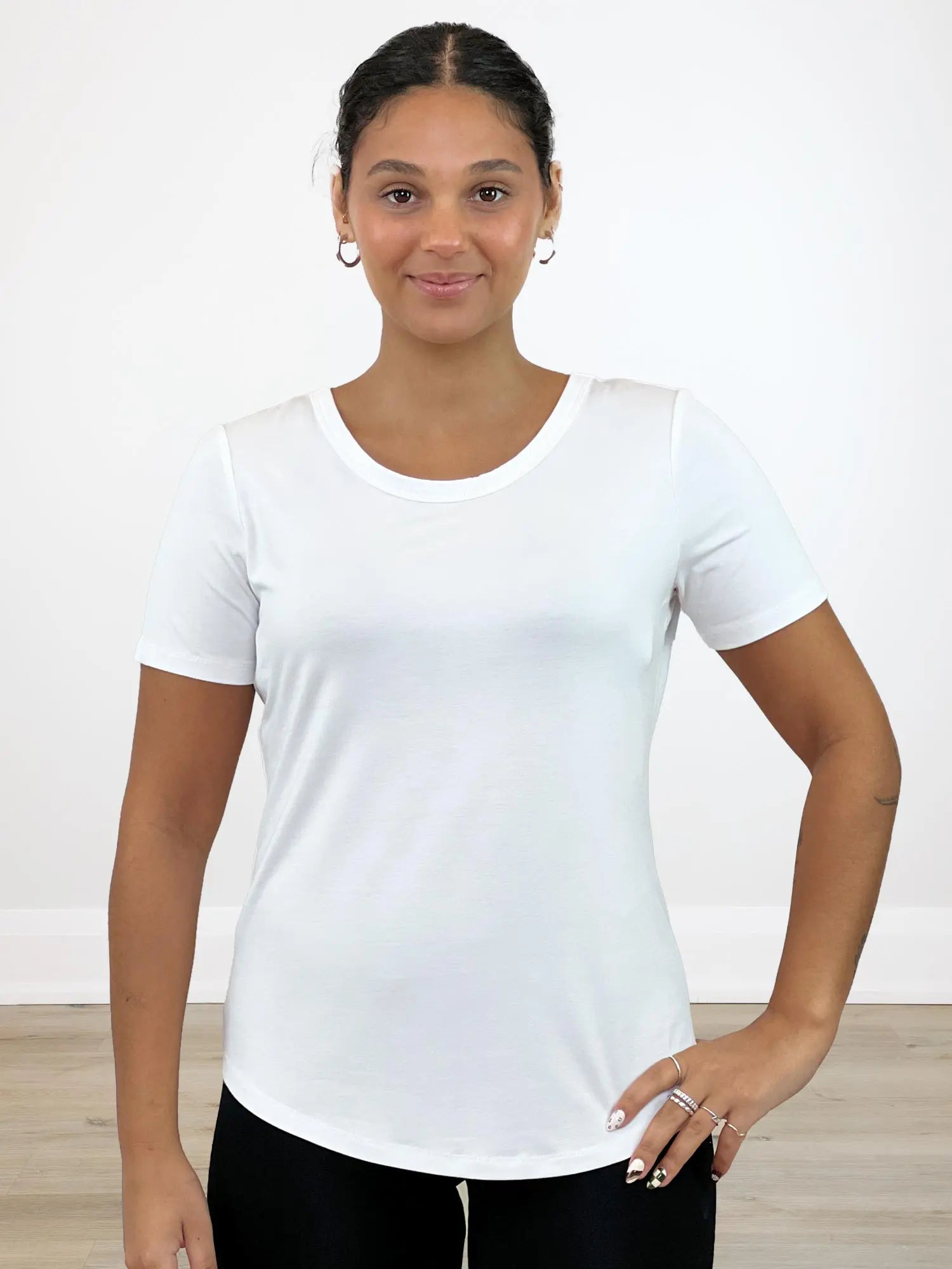 Marissa half sleeve crewneck tee for women in White on model Meron, size XS Regular @Meron-XS-regular