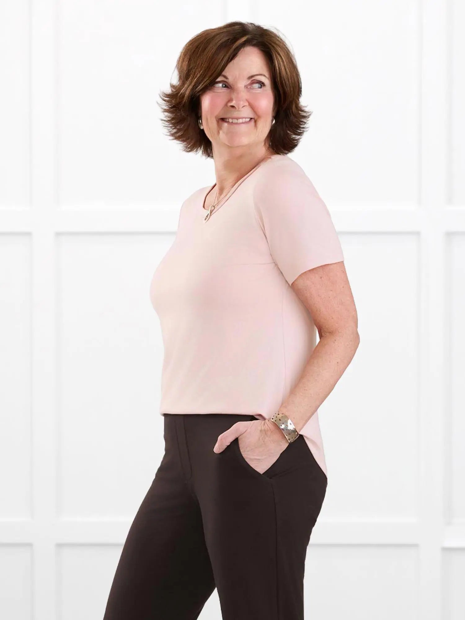 Marissa half sleeve crewneck tee for women in Ballet pink on model Donna, size S Regular @Donna-S-regular