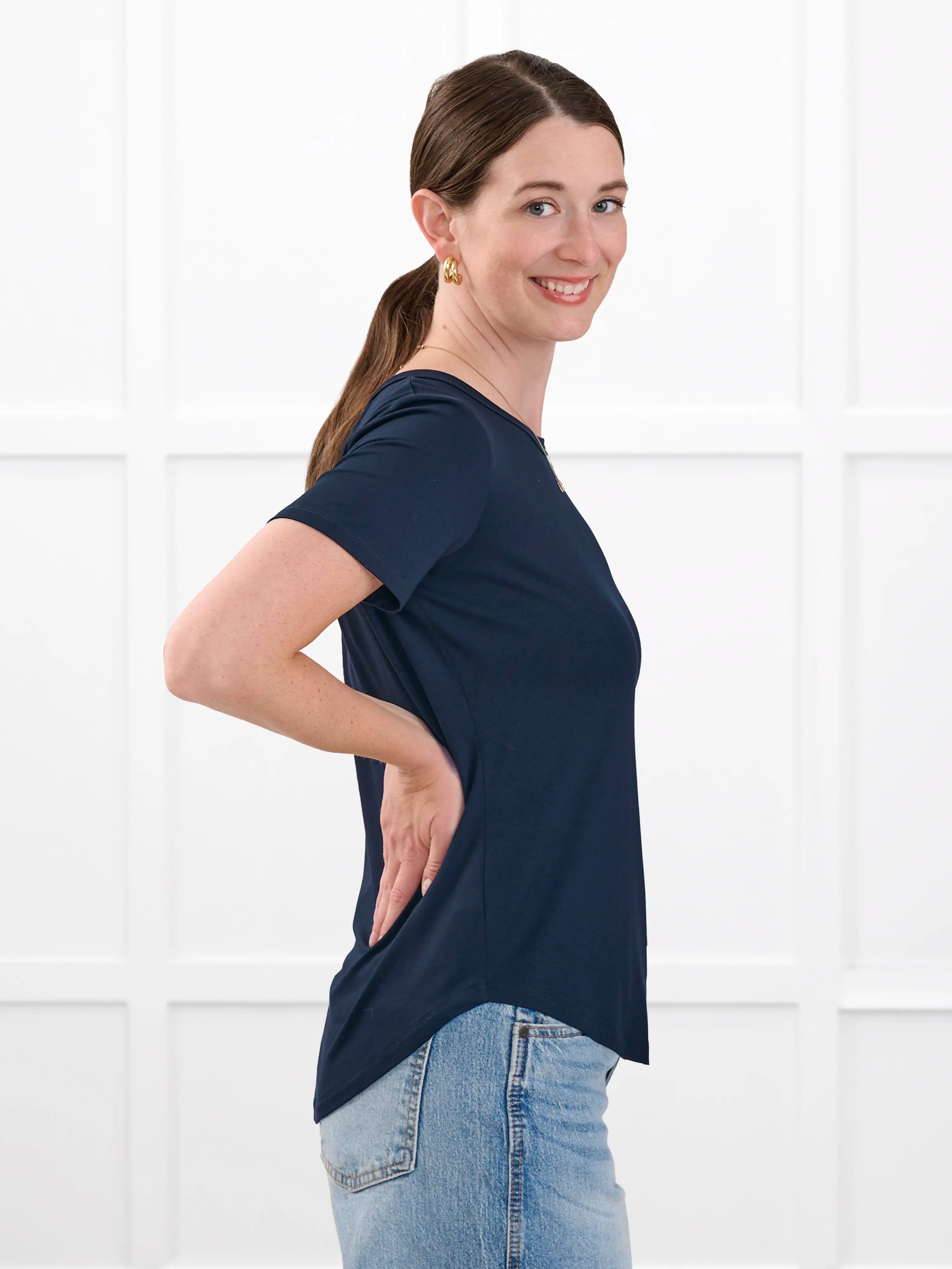 Marissa half sleeve crewneck tee for women in Navy on model Jo, size XS Regular @Jo-XS-regular