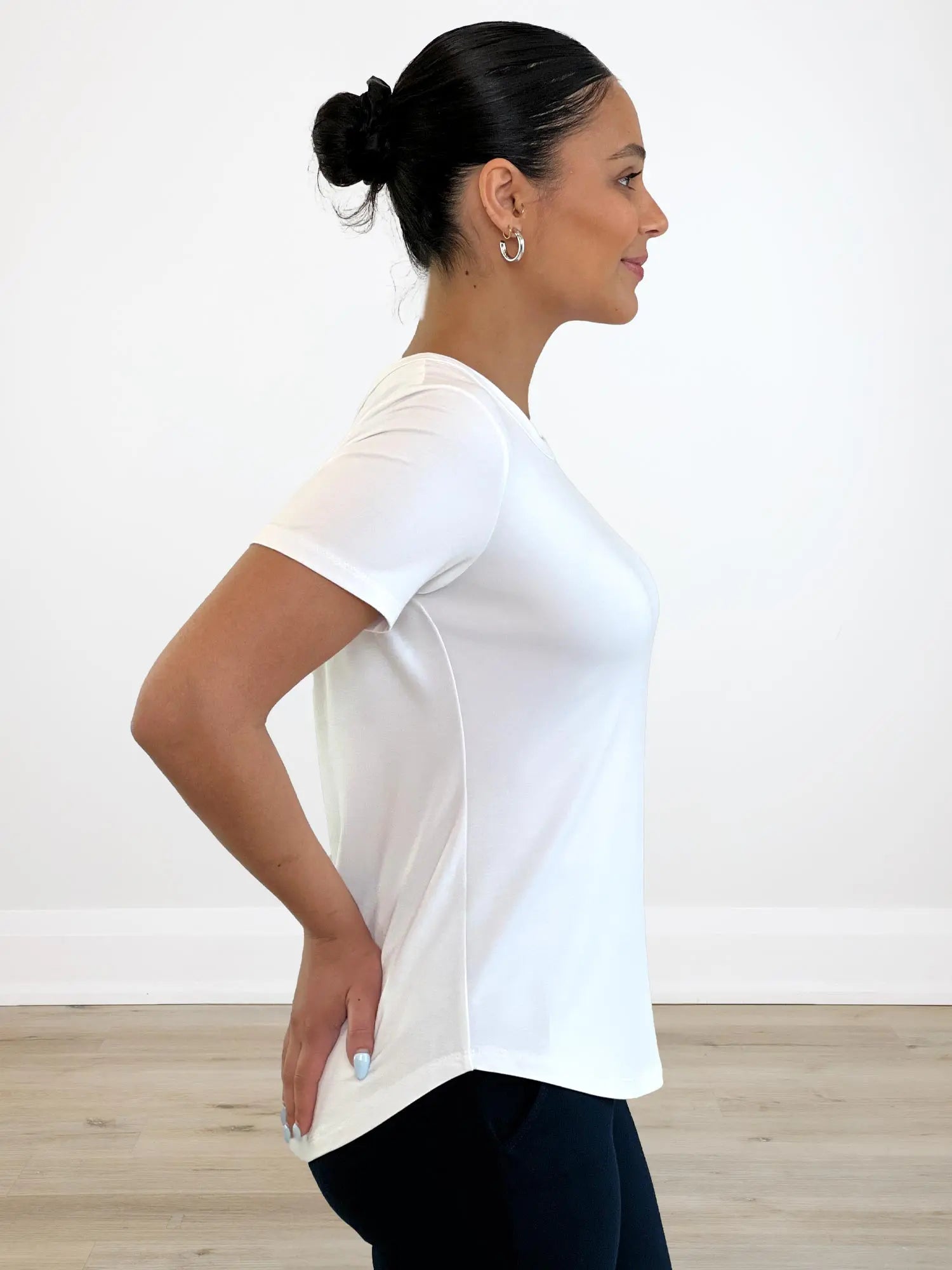 Marissa half sleeve crewneck tee for women in White on model Meron, size XS Regular @Meron-XS-regular