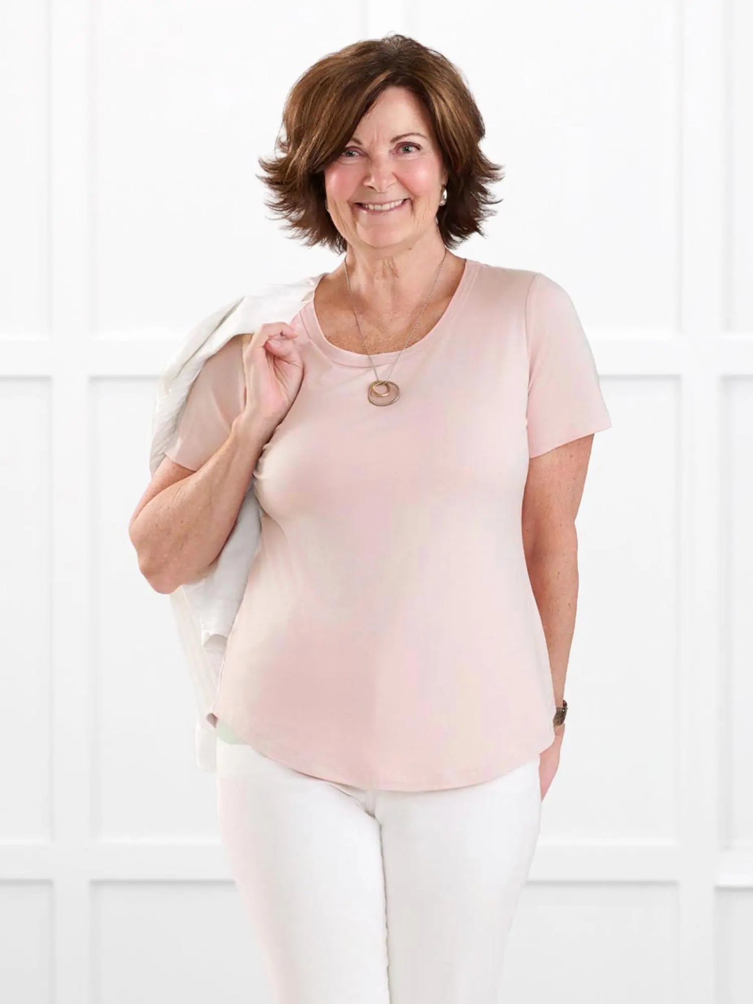 Marissa half sleeve crewneck tee for women in Ballet pink on model Donna, size S Regular @Donna-S-regular