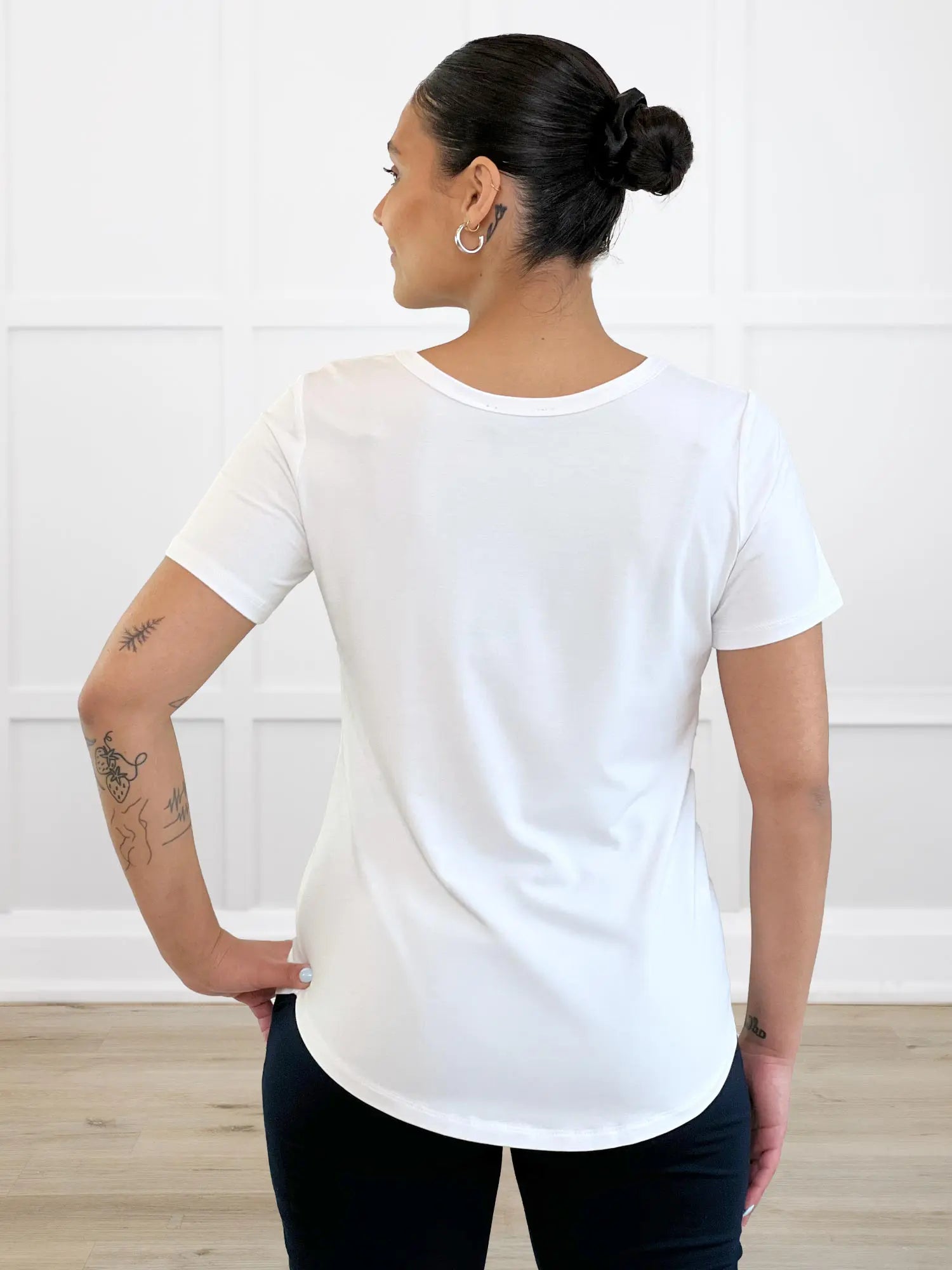 Marissa half sleeve crewneck tee for women in White on model Meron, size XS Regular @Meron-XS-regular