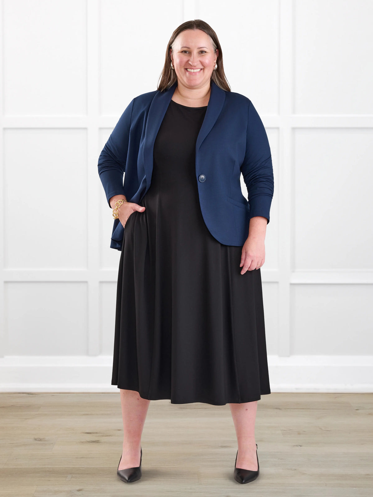 Marlena reversible v neck midi dress for women in Black on model Cristina, size XXL @Cristina-XXL
