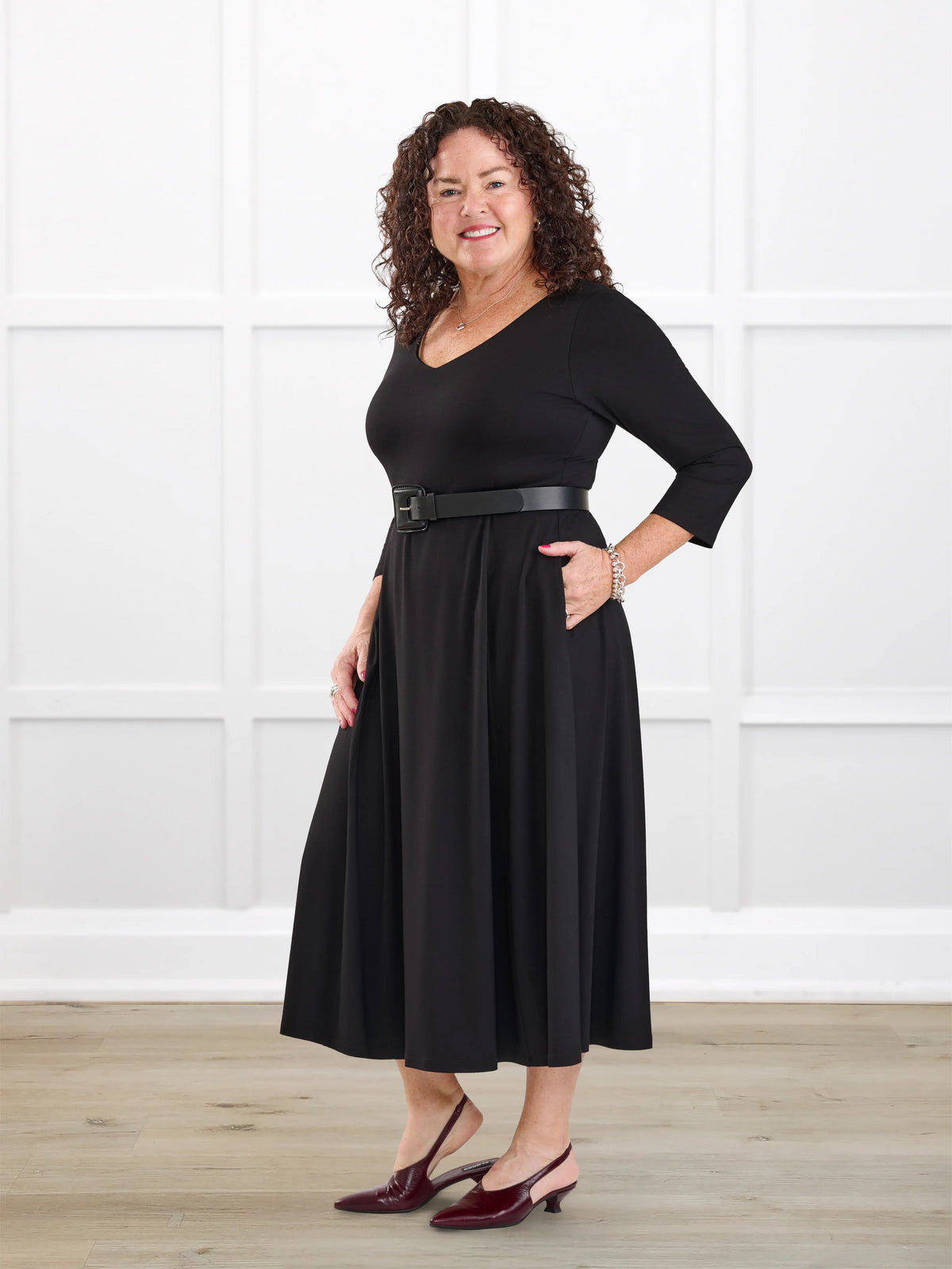 Marlena reversible v neck midi dress for women in Black on model Kerri, size M @Kerri-M