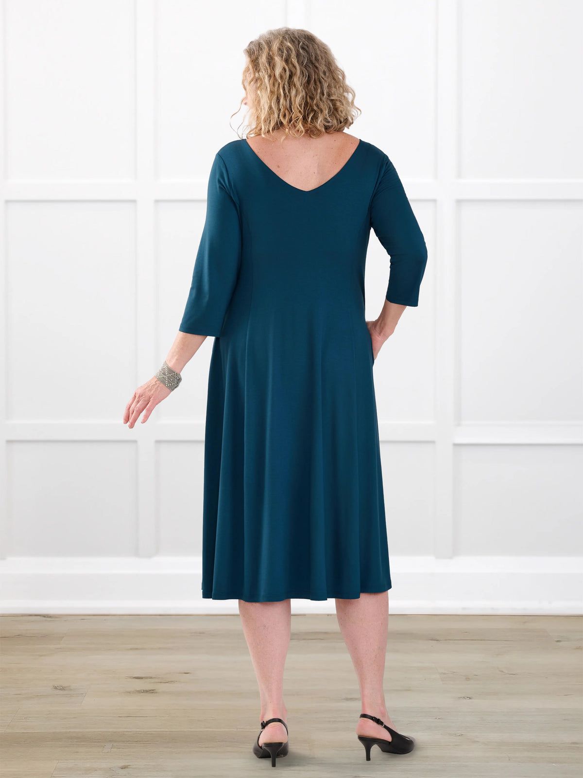 Marlena reversible v neck midi dress for women in Atlantic on model Carolyn, size L @Carolyn-L