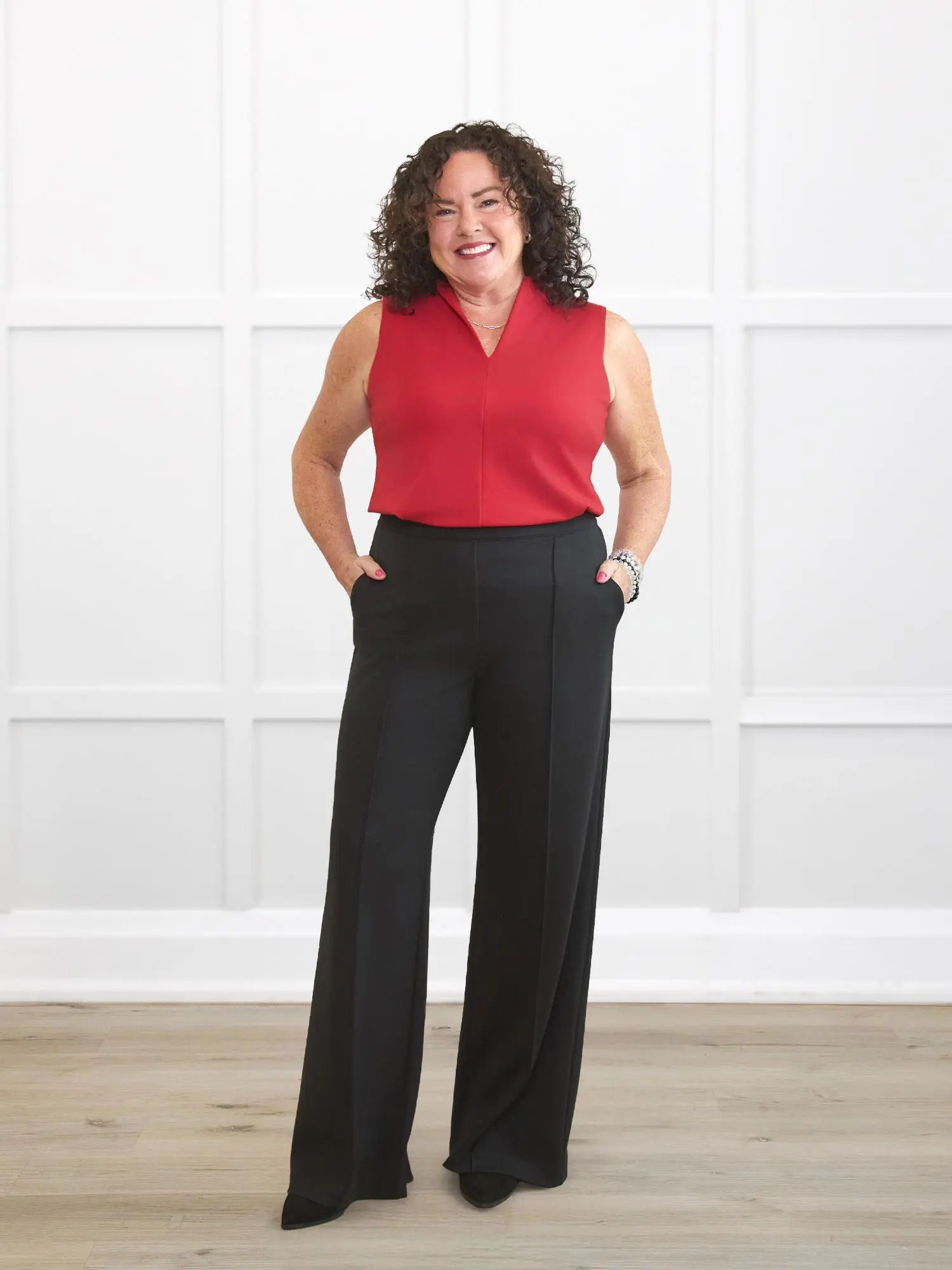 Maxine wide leg pintuck ponte pant for women in Black on model Kerri, size S Petite @Kerri-S-petite