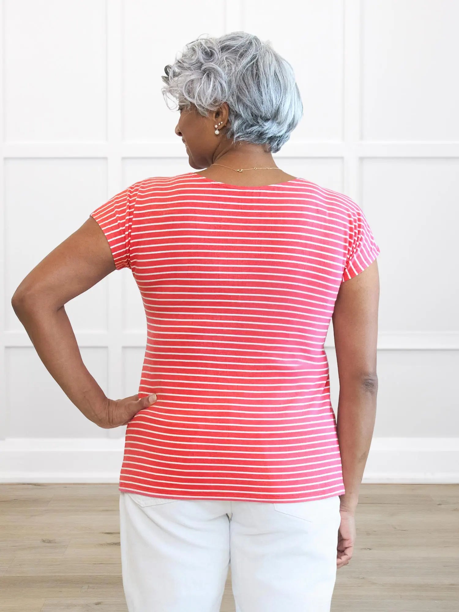 Mimi reversible neckline dolman top for women in Miami stripe on model Keethai, size M @Keethai-M
