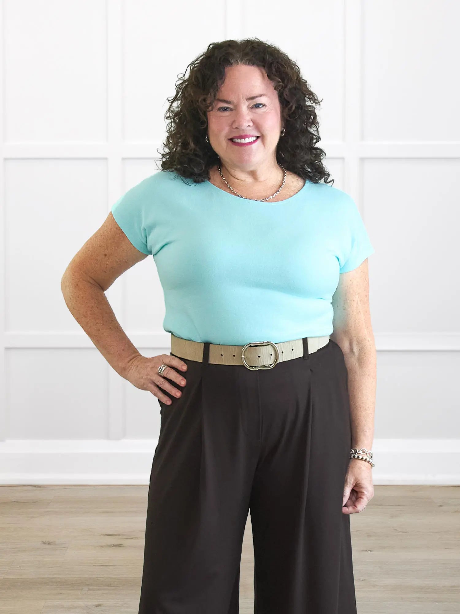 Mimi reversible neckline dolman top for women in Fiji blue on model Kerri, size M @Kerri-M