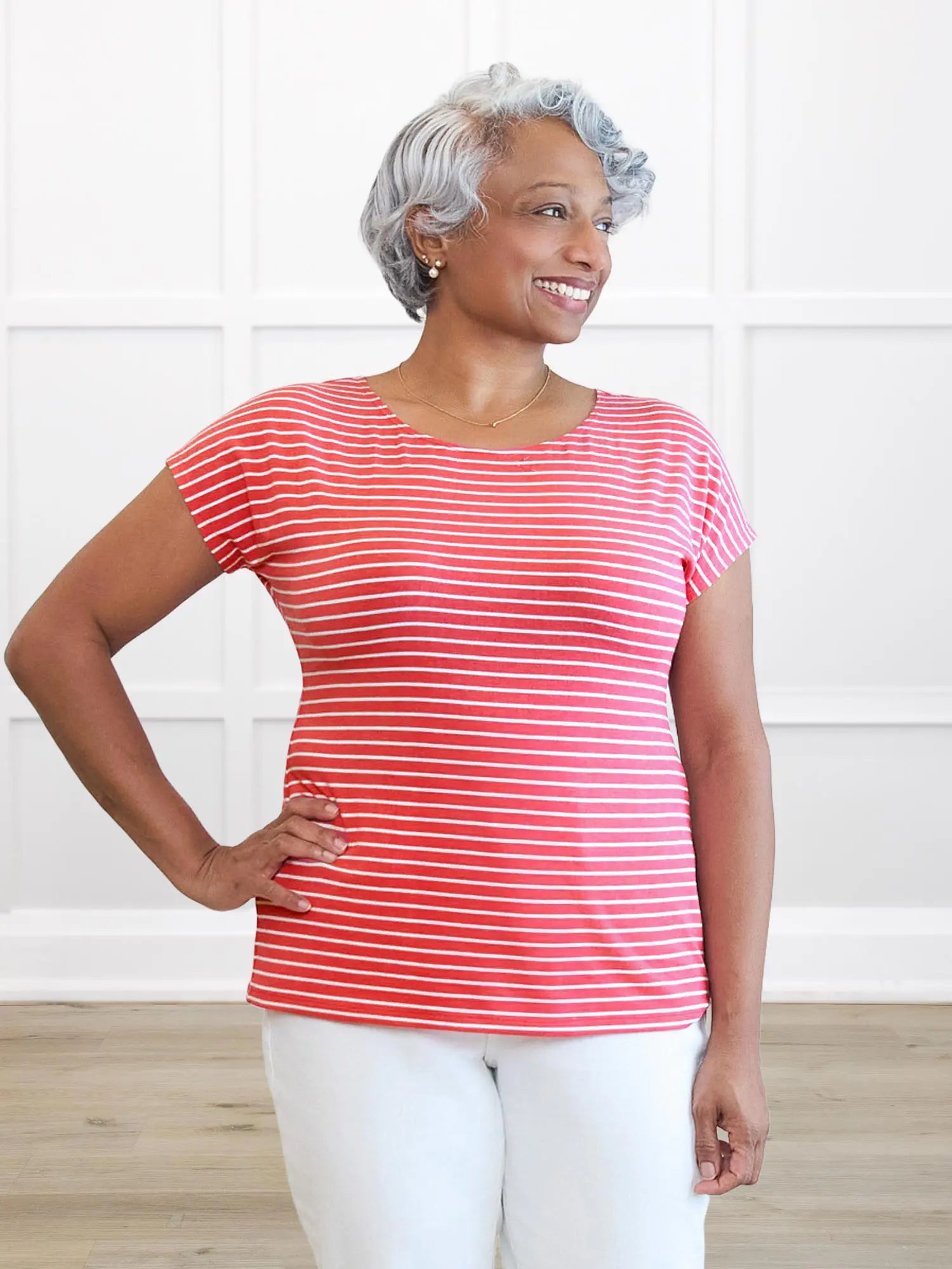 Mimi reversible neckline dolman top for women in Miami stripe on model Keethai, size M @Keethai-M