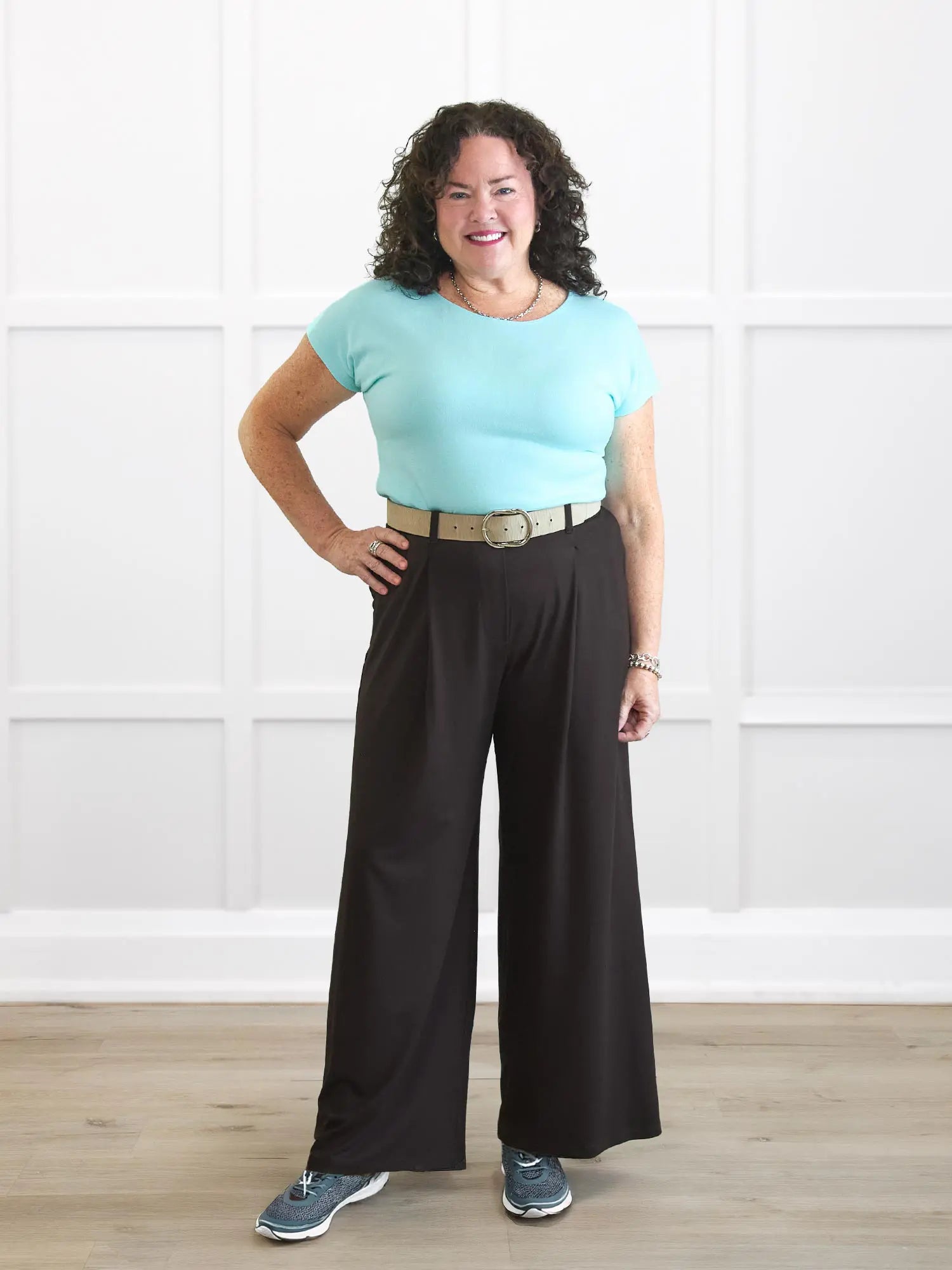 Mimi reversible neckline dolman top for women in Fiji blue on model Kerri, size M @Kerri-M