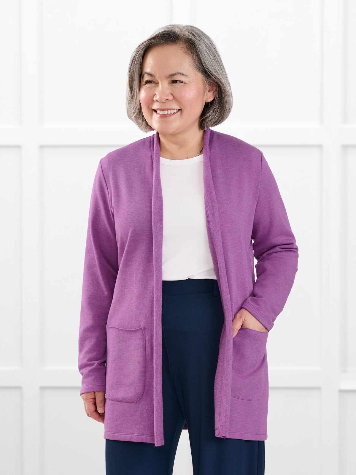 Montana fleece pocket cardigan for women in Lupin melange on model Terry, size S Petite @Terry-S-petite