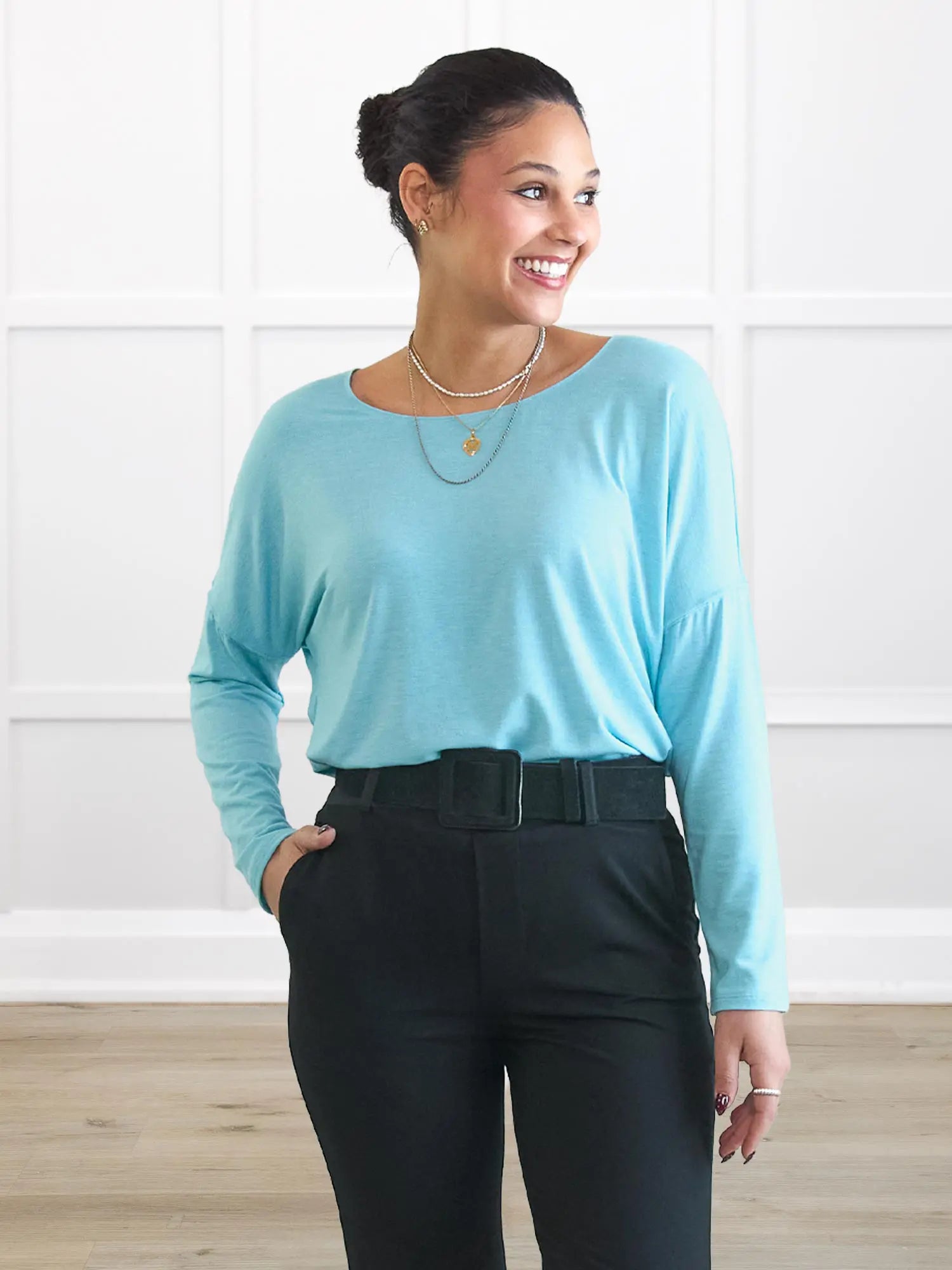 Mylene long sleeve dolman top for women 00 in Jewel melange on model Meron, size XS @Meron-XS