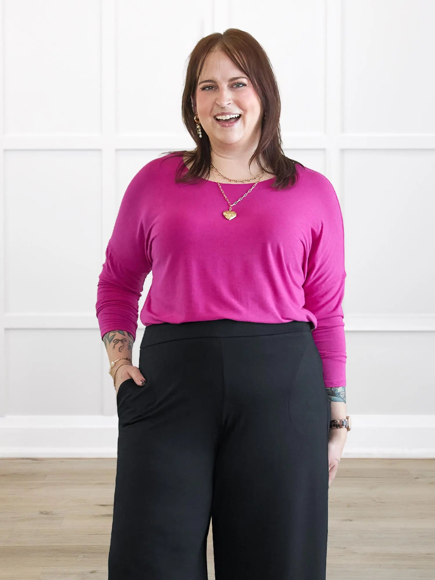 Mylene long sleeve dolman top for women in Azalea melange on model Kaitlin, size L @Kaitlin-L