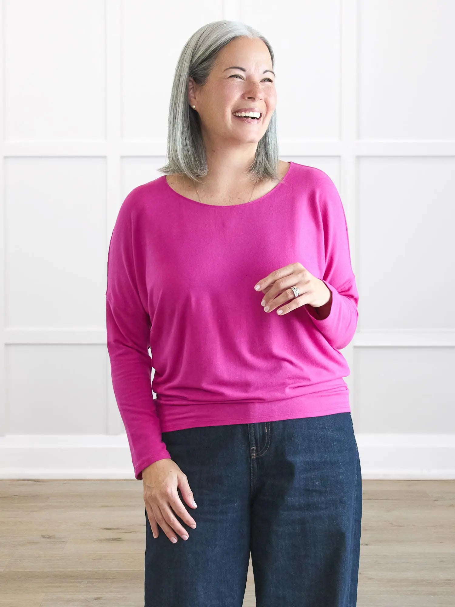 Mylene long sleeve dolman top for women in Azalea melange on model Kerri, size S @Kerri-S