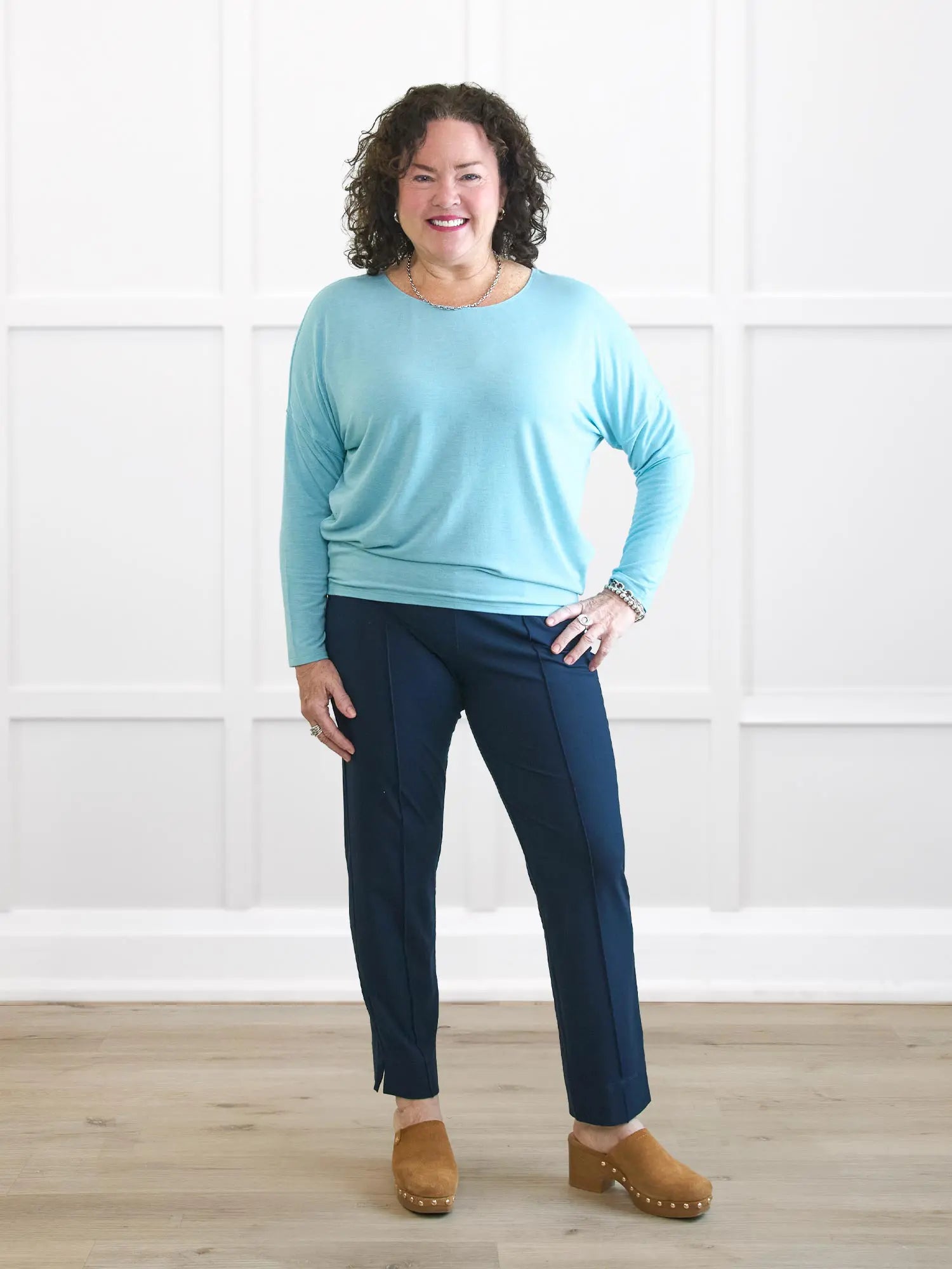 Mylene long sleeve dolman top for women in Jewel melange on model Kerri, size M @Kerri-M