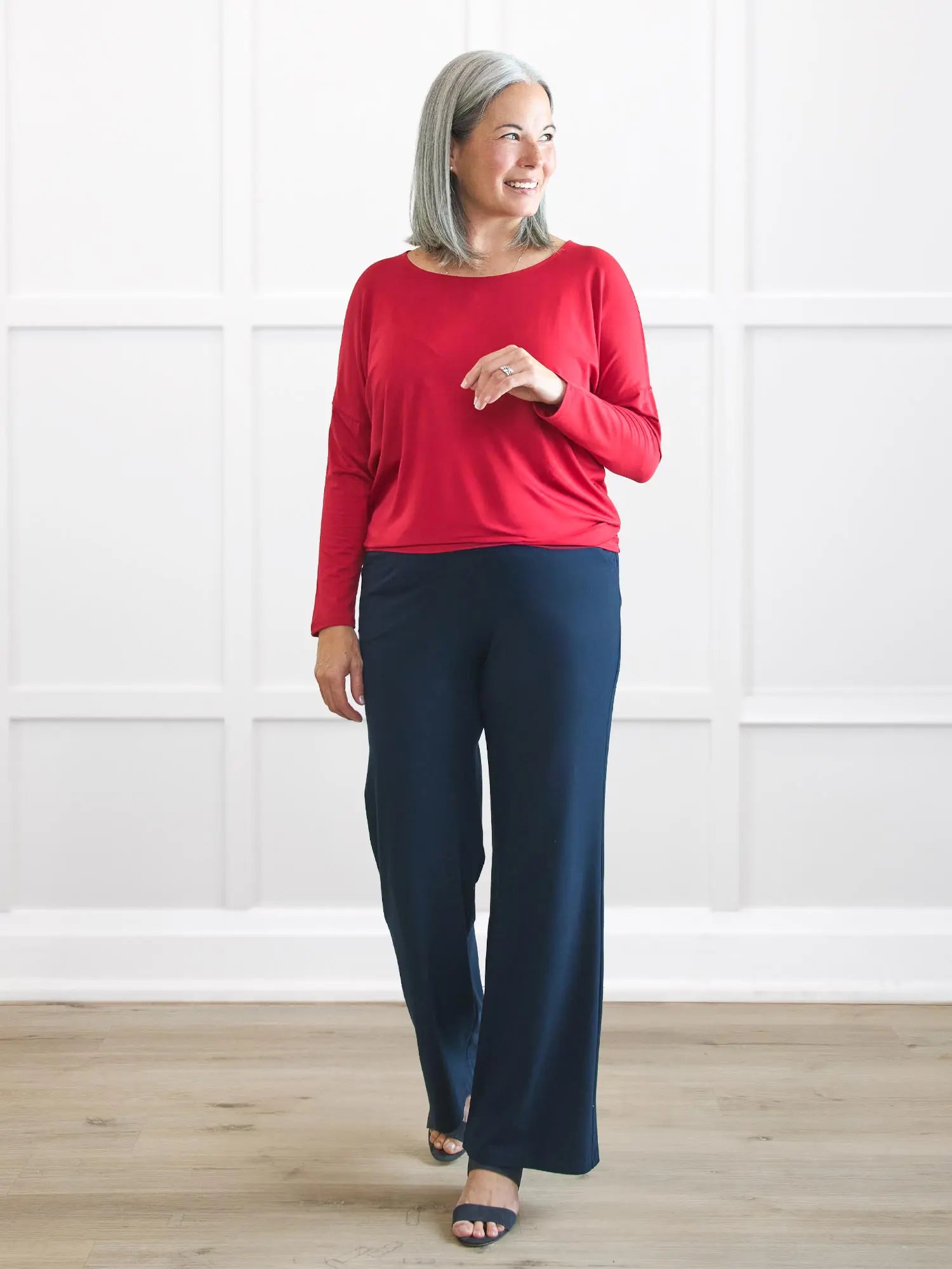 Mylene long sleeve dolman top for women in Poppy red on model Kerri, size S @Kerri-S