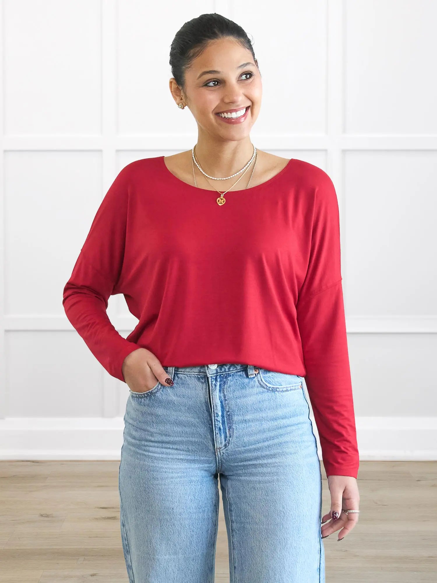 Mylene long sleeve dolman top for women in Poppy red on model Meron, size XS @Meron-XS