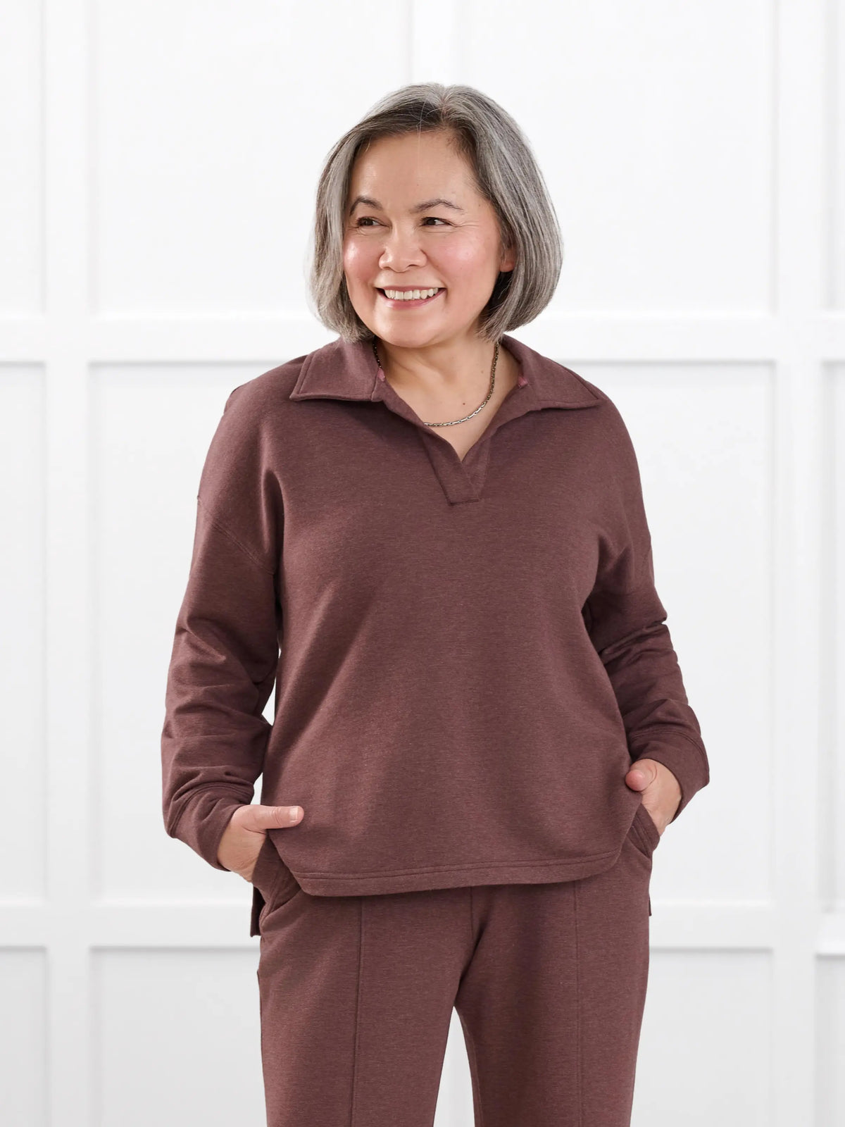 Odell fleece polo sweatshirt for women in Brown melange on model Terry, size S Petite @Terry-S-petite