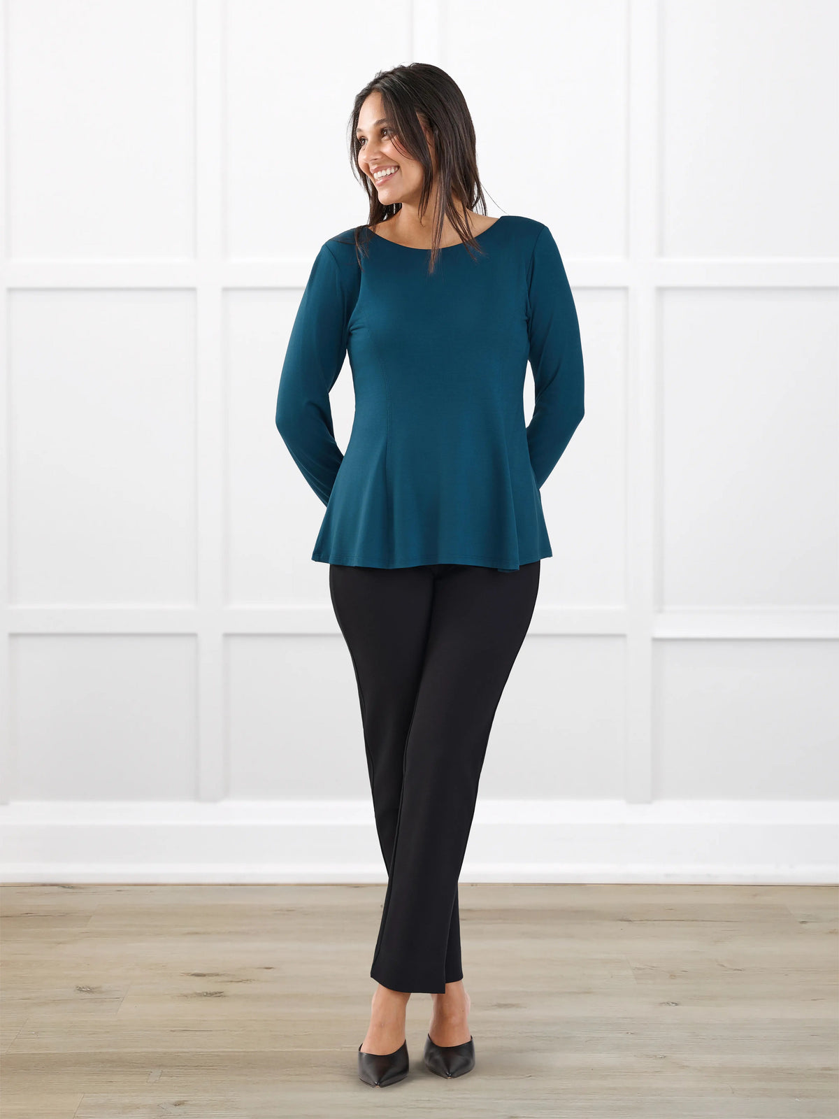 Palermo straight leg ponte dress pant for women in Black on model Meron, size XS @Meron-XS