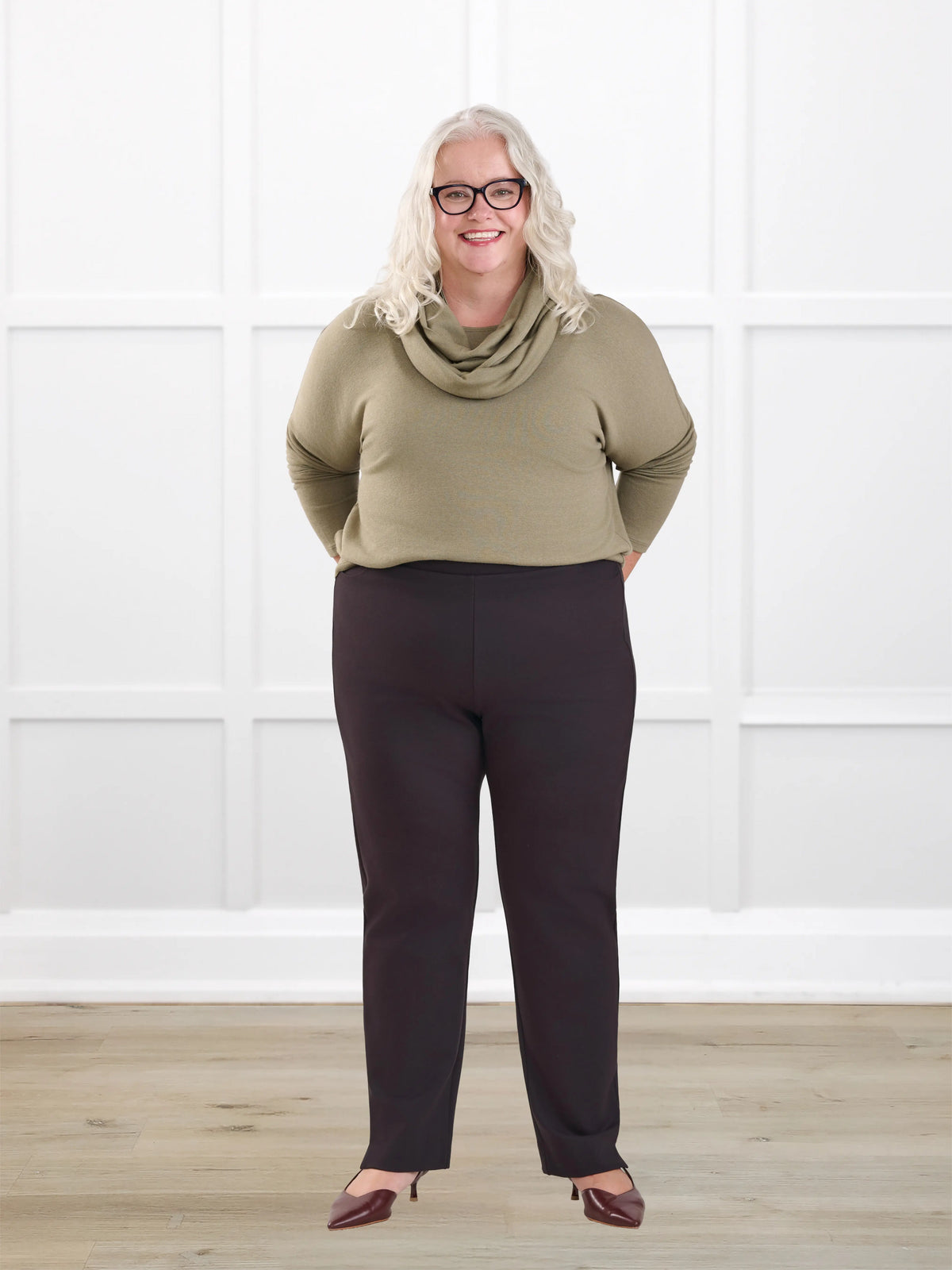 Palermo straight leg ponte dress pant for women in Espresso on model Colleen, size XXL @Colleen-XXL