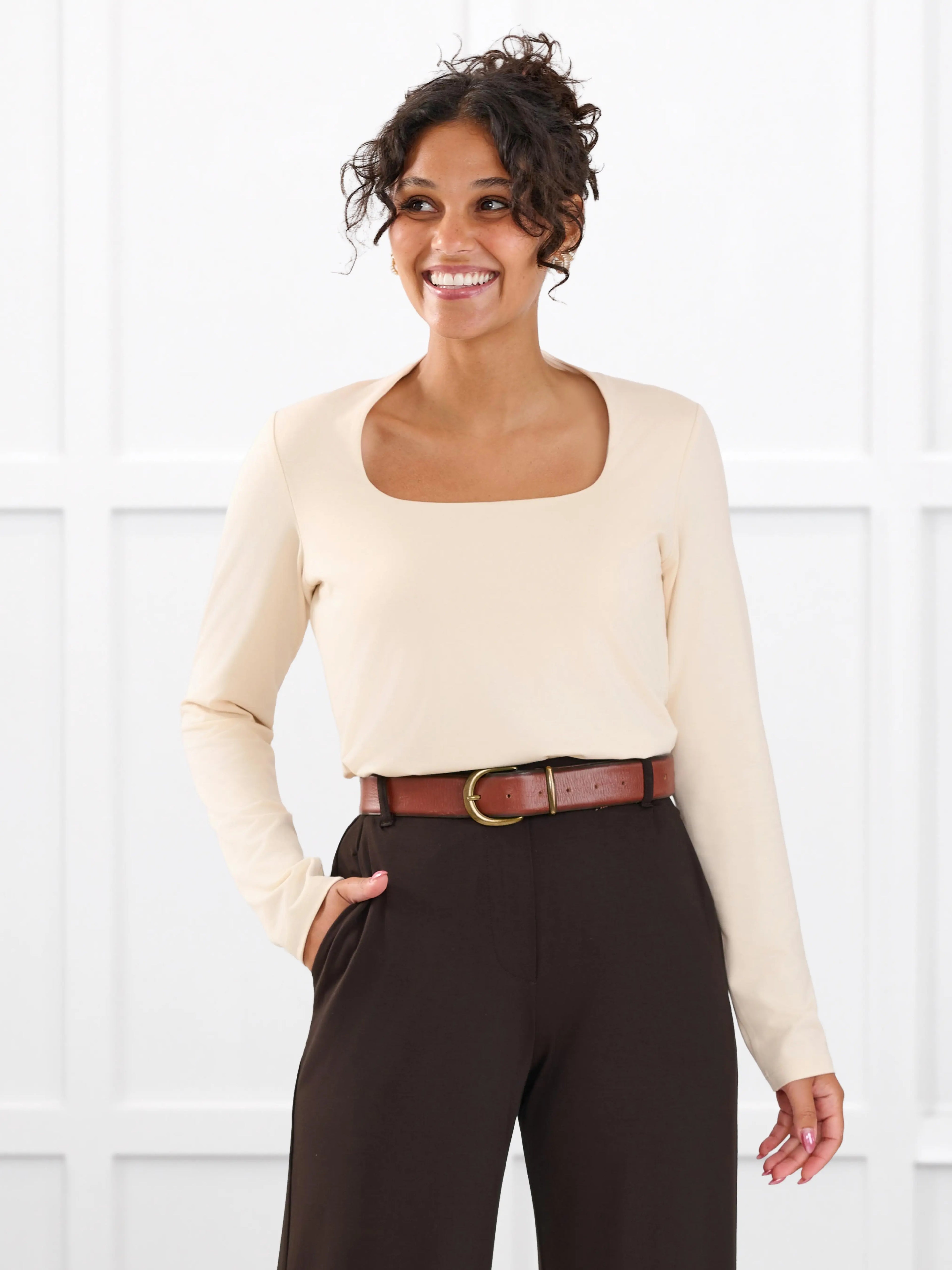 Patrice square neck long sleeve top for women in Shortbread on model Meron, size XS @Meron-XS