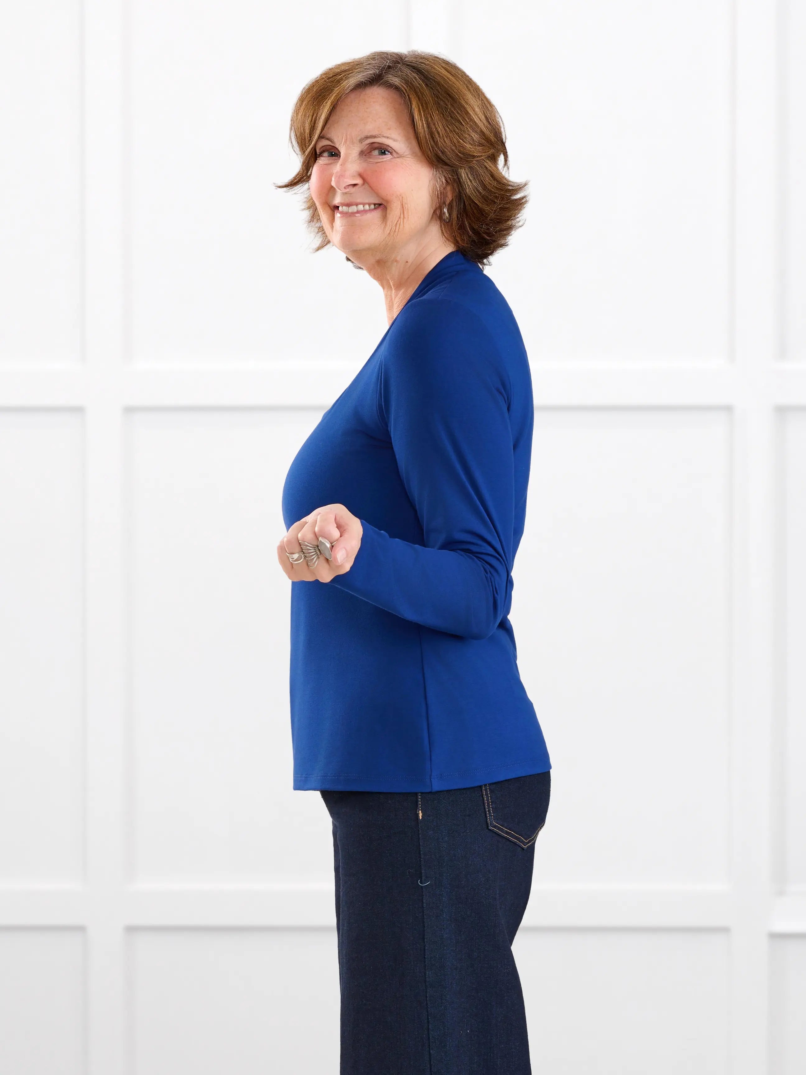 Patrice square neck long sleeve top for women in Ink blue on model Donna, size S @Donna-S