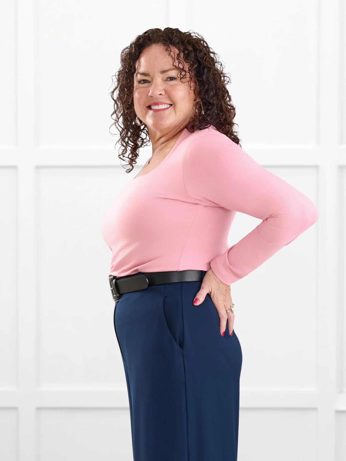 Patrice square neck long sleeve top for women in Rosebud on model Kerri, size M @Kerri-M