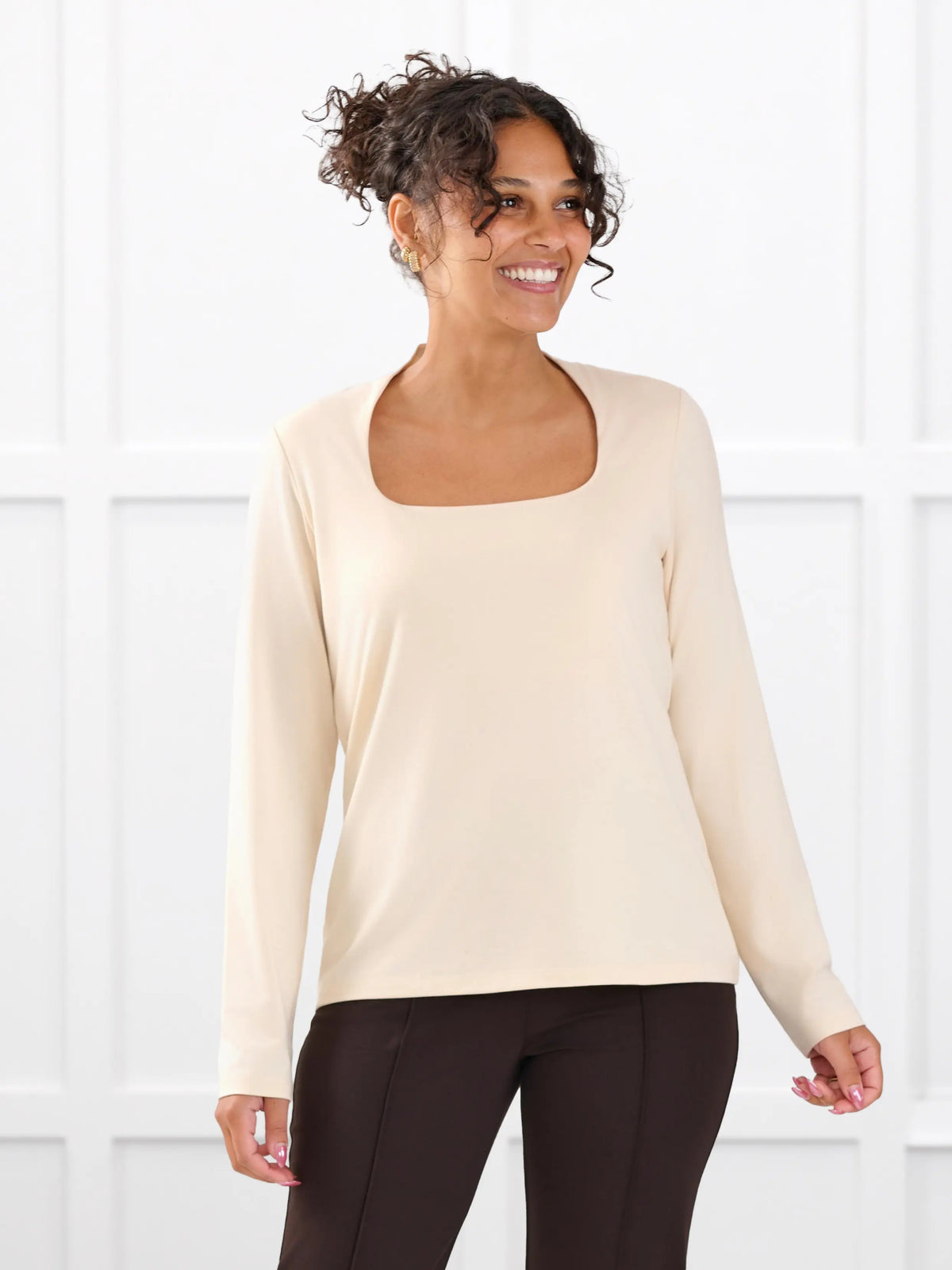Patrice square neck long sleeve top for women in Shortbread on model Meron, size XS @Meron-XS