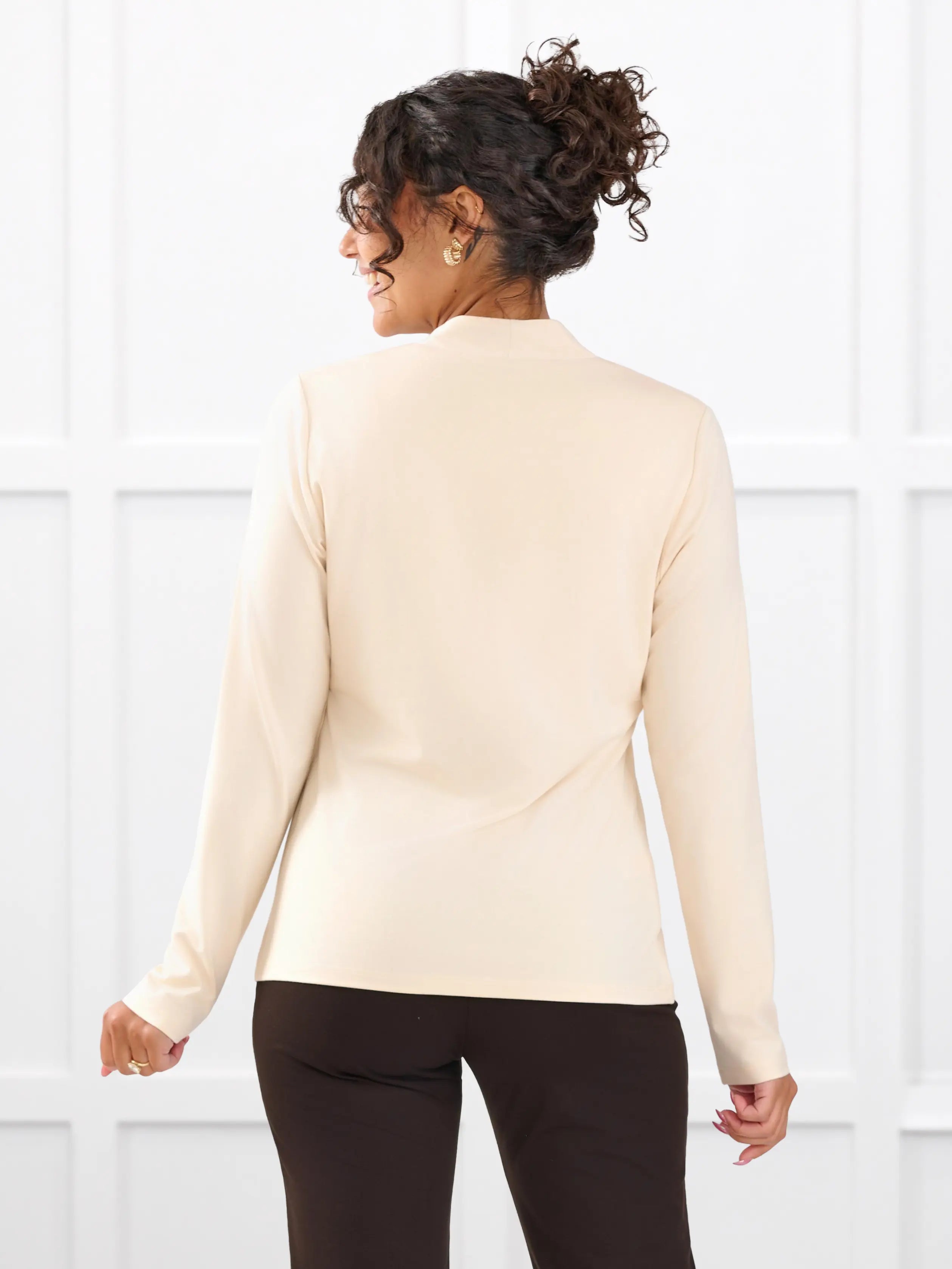 Patrice square neck long sleeve top for women in Shortbread on model Meron, size XS @Meron-XS