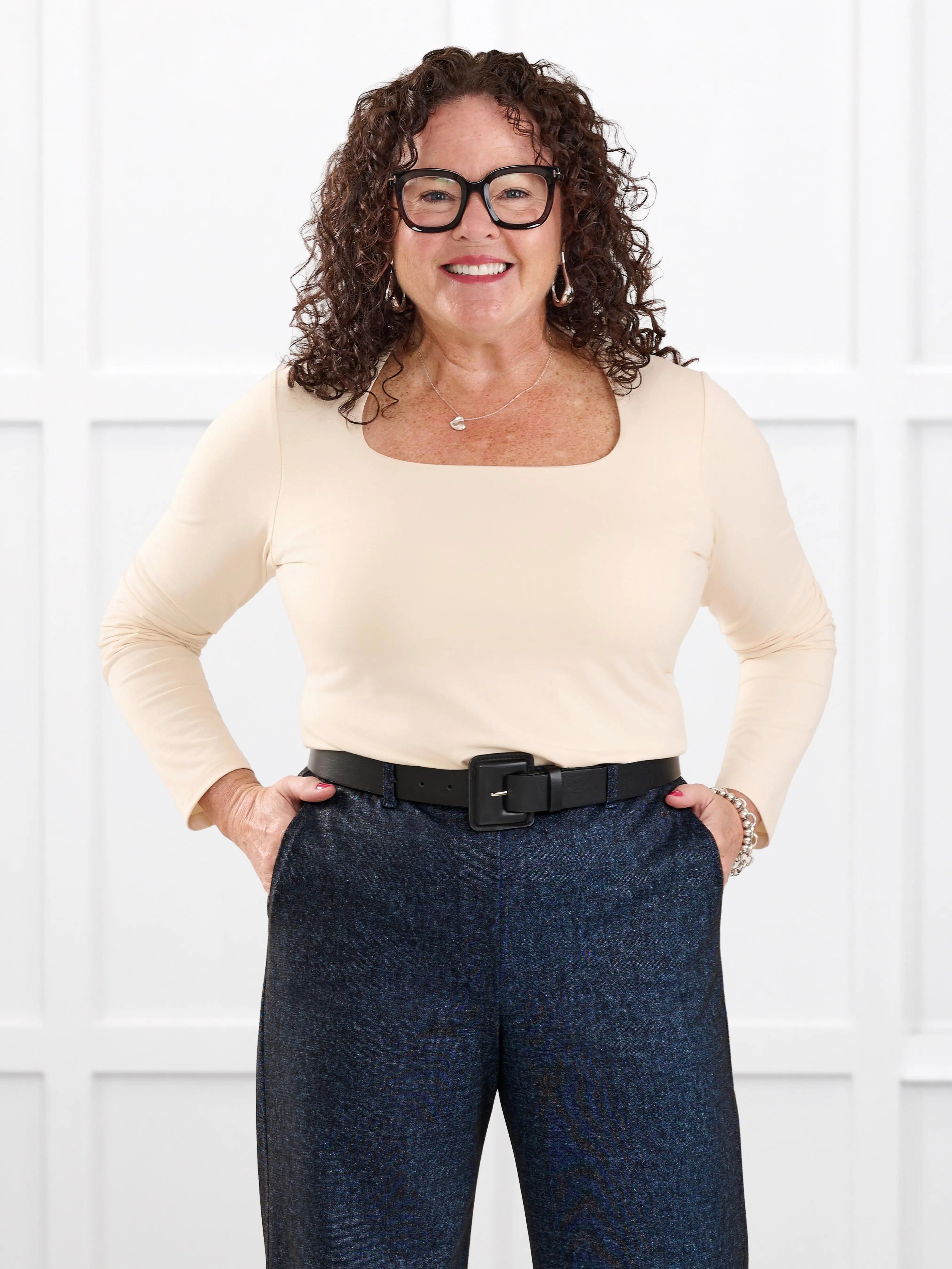 Patrice square neck long sleeve top for women in Shortbread on model Kerri, size M @Kerri-M