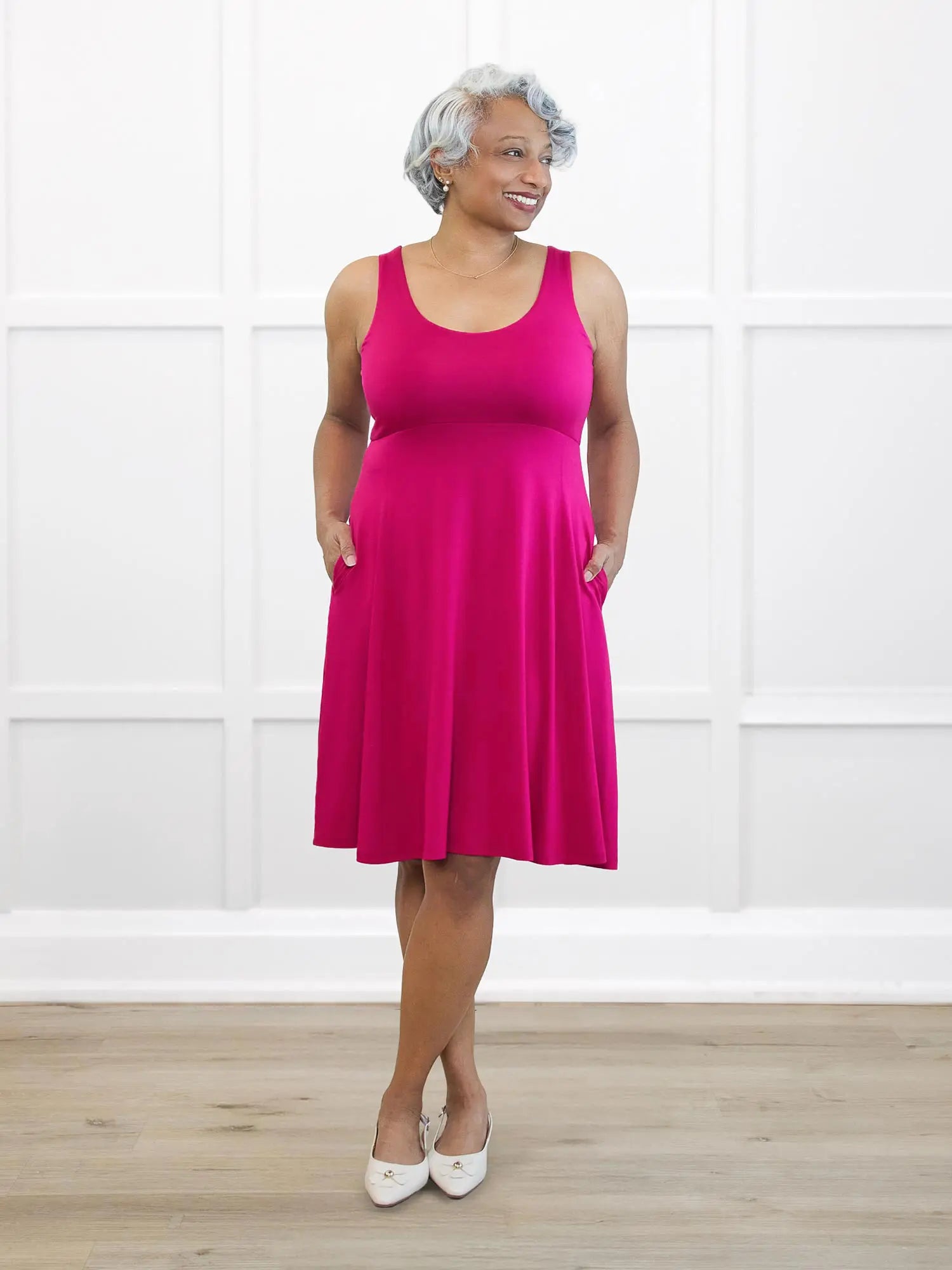 Rae reversible neckline knee length dress for women in Dragon fruit on model Keethai, size M @Keethai-M