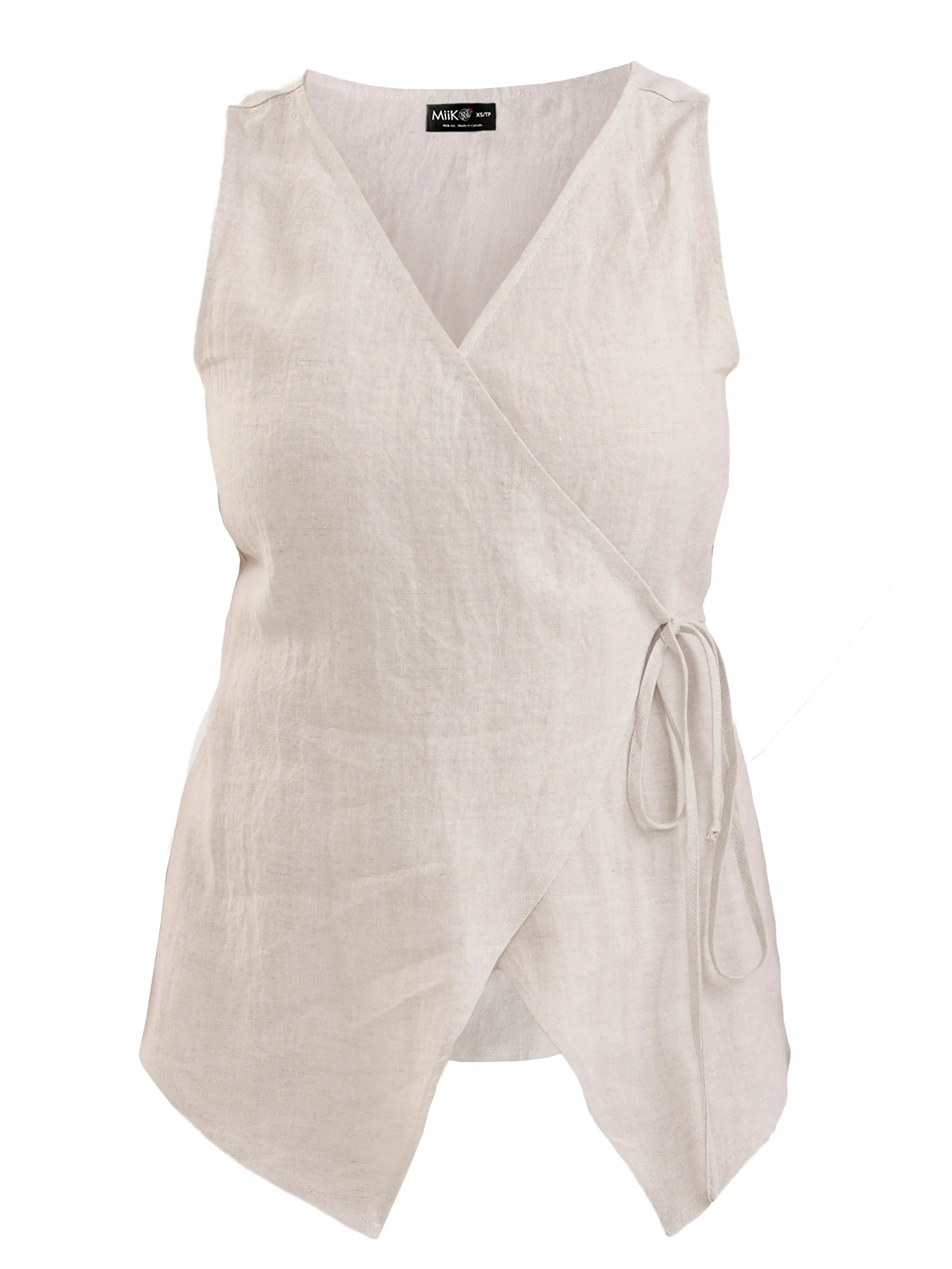 Regina sleeveless linen wrap top for women in Sand linen