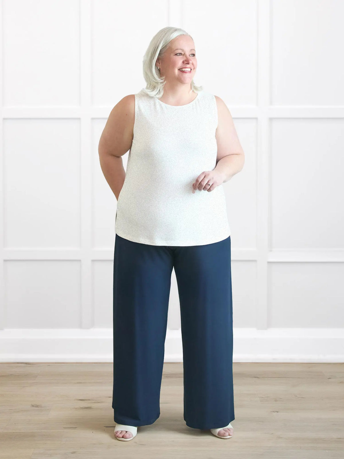 Ricki reversible neckline sweater knit tank 00 in Ivory on model Colleen, size XXL @Colleen-XXL