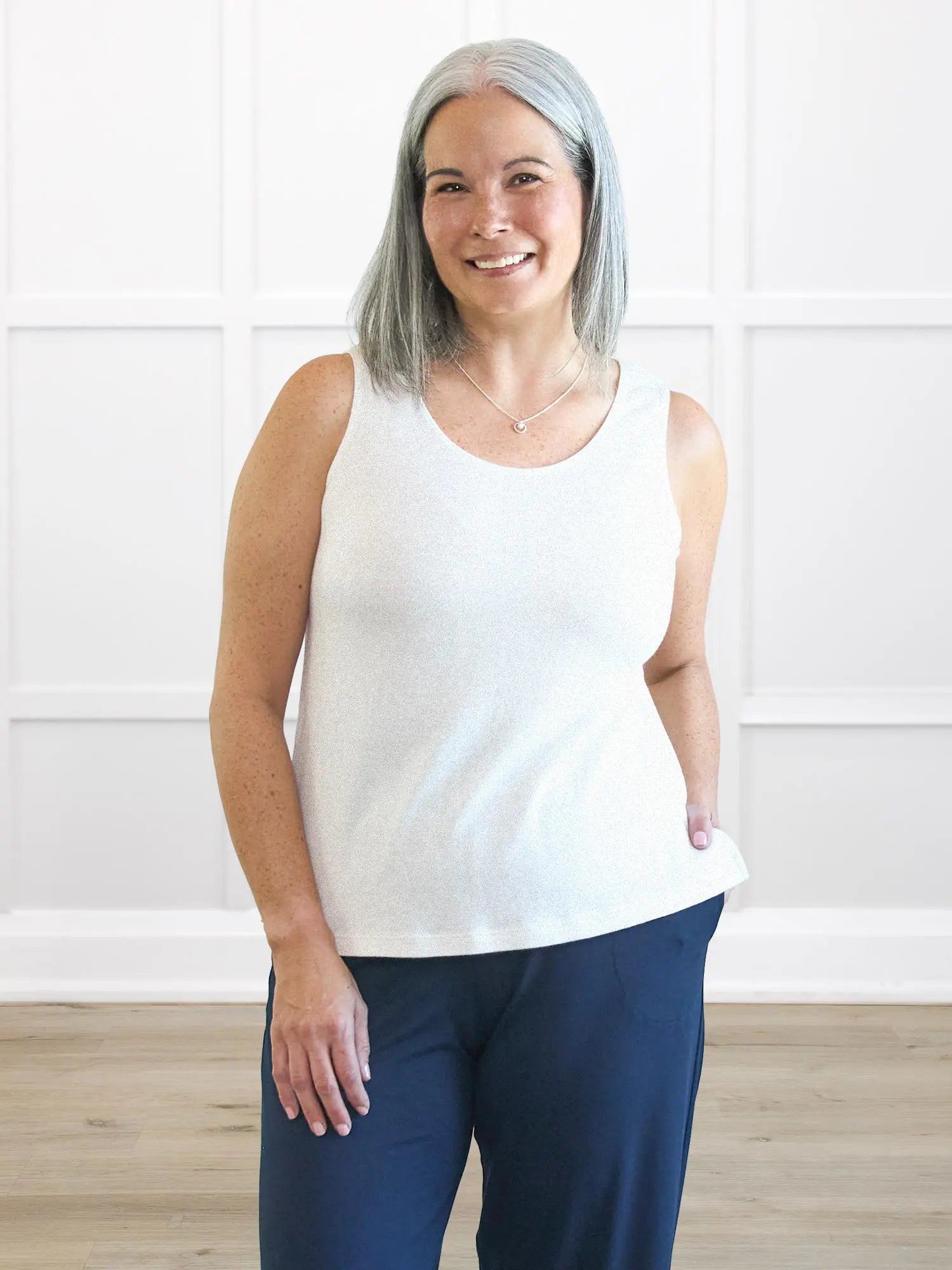 Ricki reversible neckline sweater knit tank 00 in Ivory on model Kerri, size S @Kerri-S