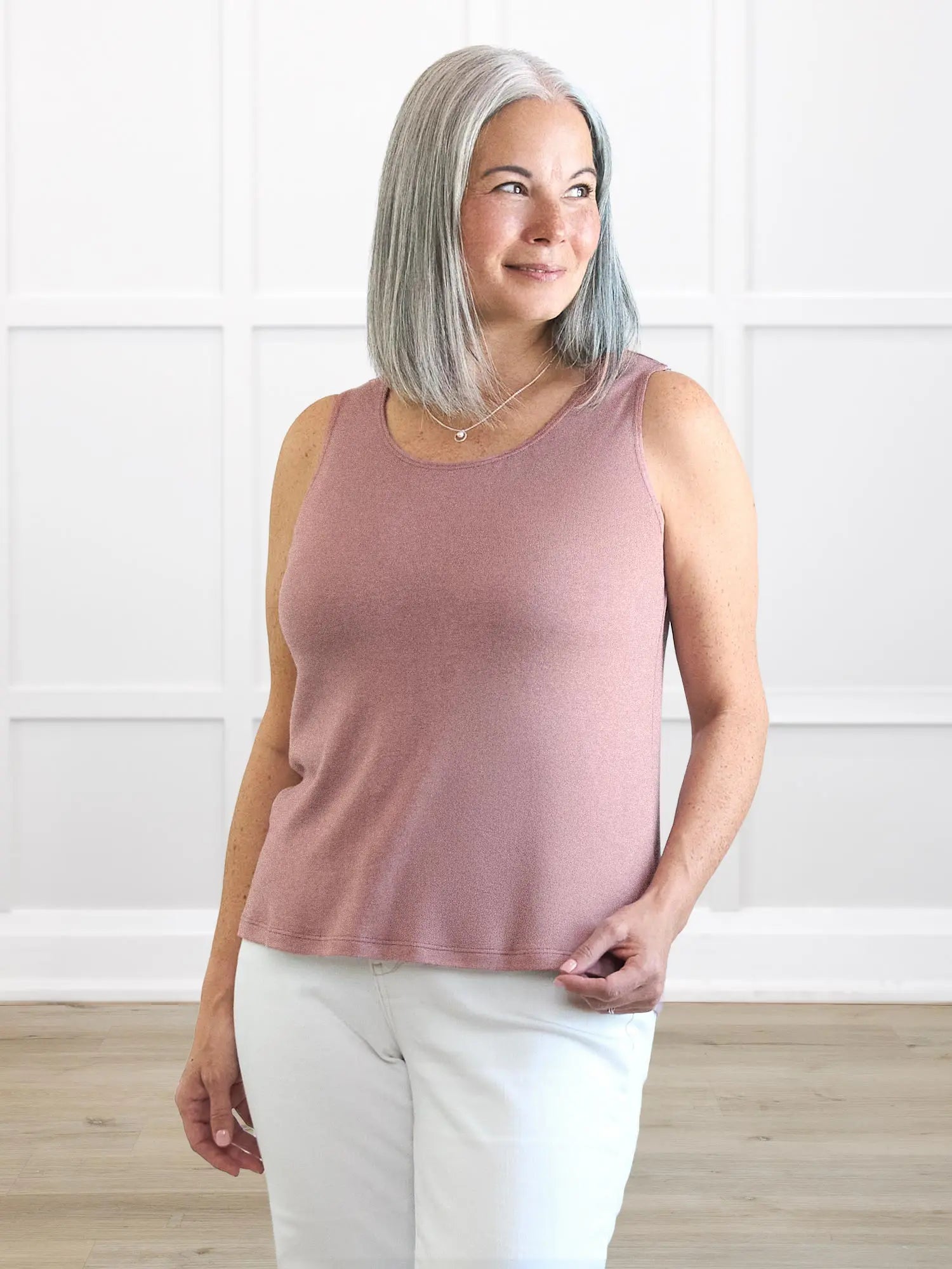 Ricki reversible neckline sweater knit tank 00 in Rose mauve on model Kerri, size S @Kerri-S