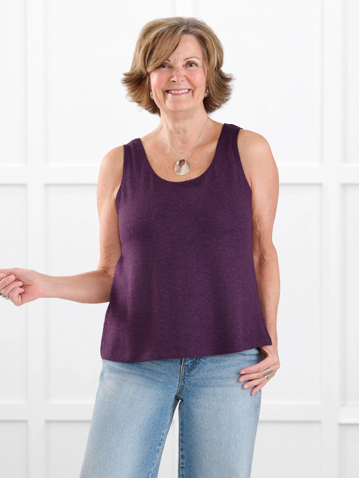 Ricki reversible neckline sweater knit tank for women in Blackcurrant on model Donna, size S @Donna-S