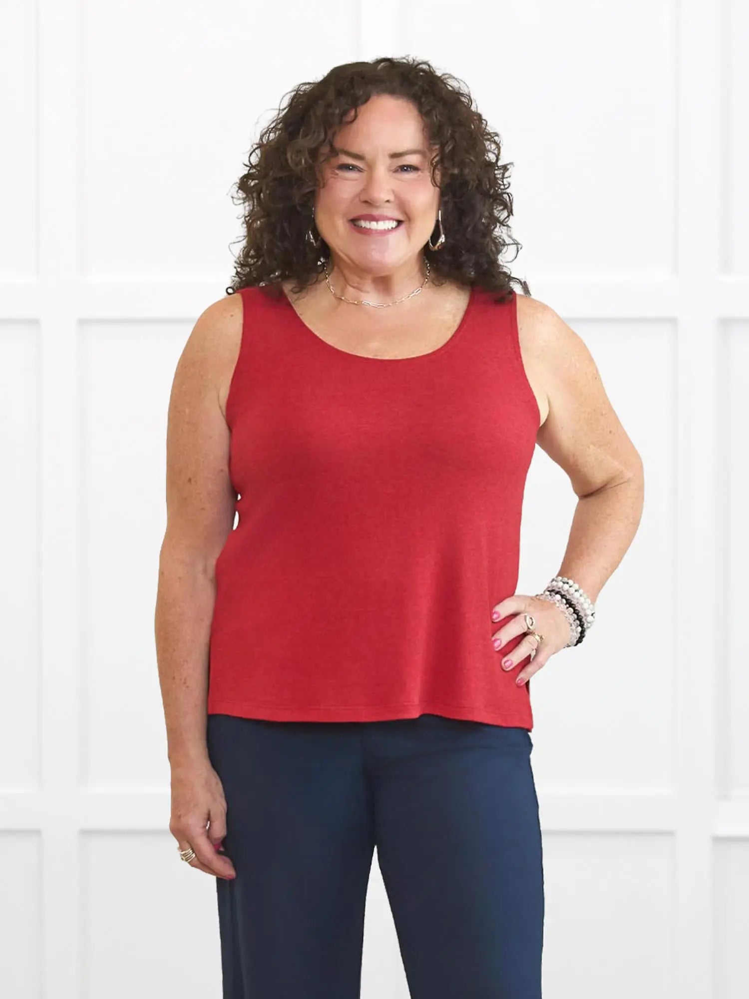 Ricki reversible neckline sweater knit tank for women in Chili on model Kerri, size M @Kerri-M