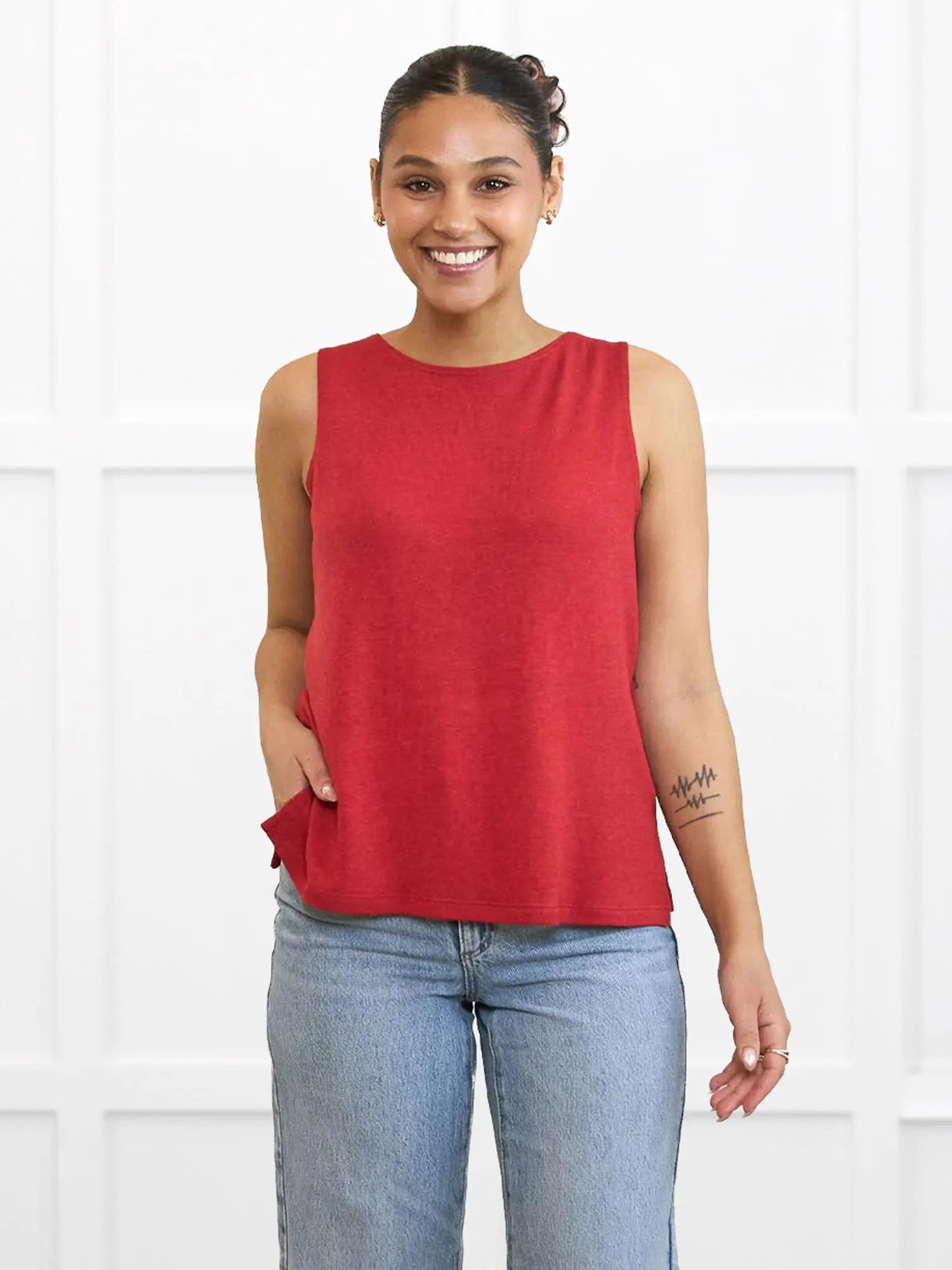 Ricki reversible neckline sweater knit tank for women in Chili on model Meron, size XS @Meron-XS