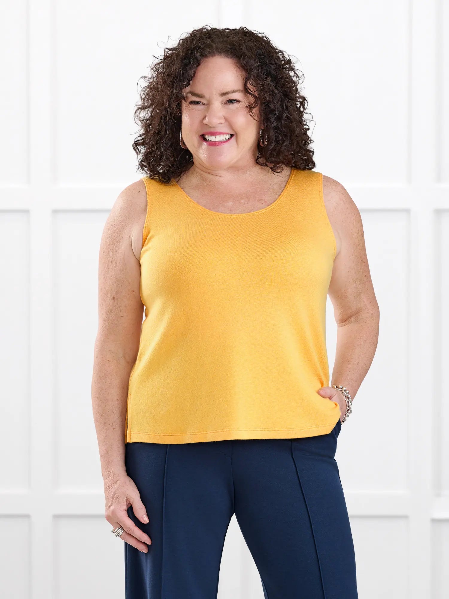 Ricki reversible neckline sweater knit tank for women in Daffodil on model Kerri, size M @Kerri-M