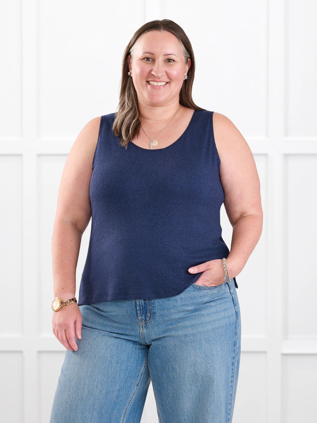 Ricki reversible neckline sweater knit tank for women in Midnight blue on model Cristina, size XXL @Cristina-XXL