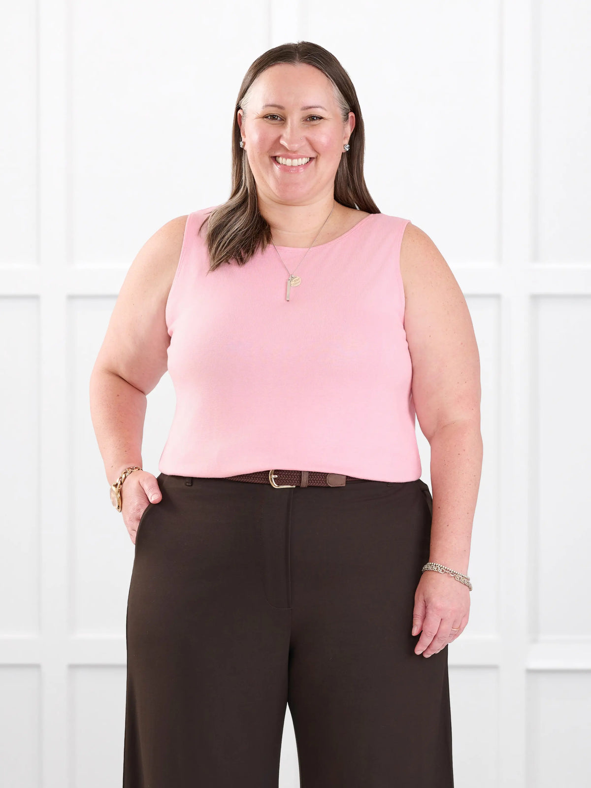 Ricki reversible neckline sweater knit tank for women in Whisper pink on model Cristina, size XXL @Cristina-XXL
