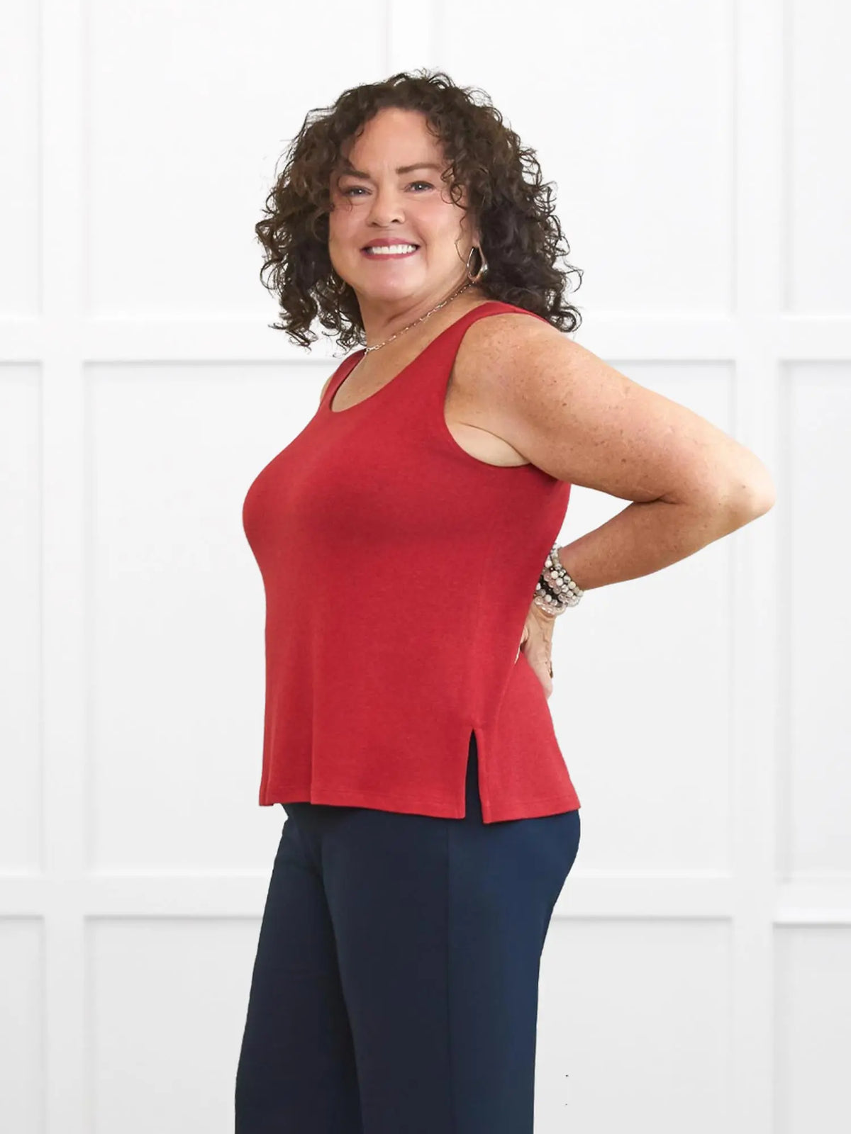 Ricki reversible neckline sweater knit tank for women in Chili on model Kerri, size M @Kerri-M